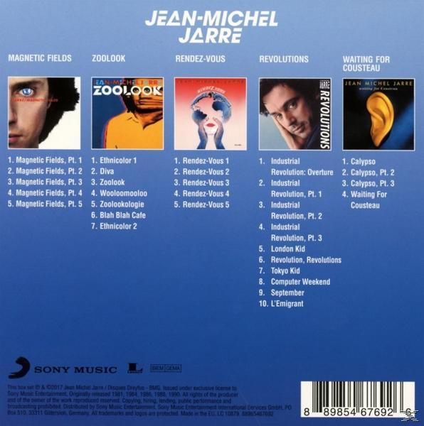 CD-Cover mit gelisteten Jean-Michel Jarre Alben. Die Rückseite der CD-Hülle wird angezeigt.