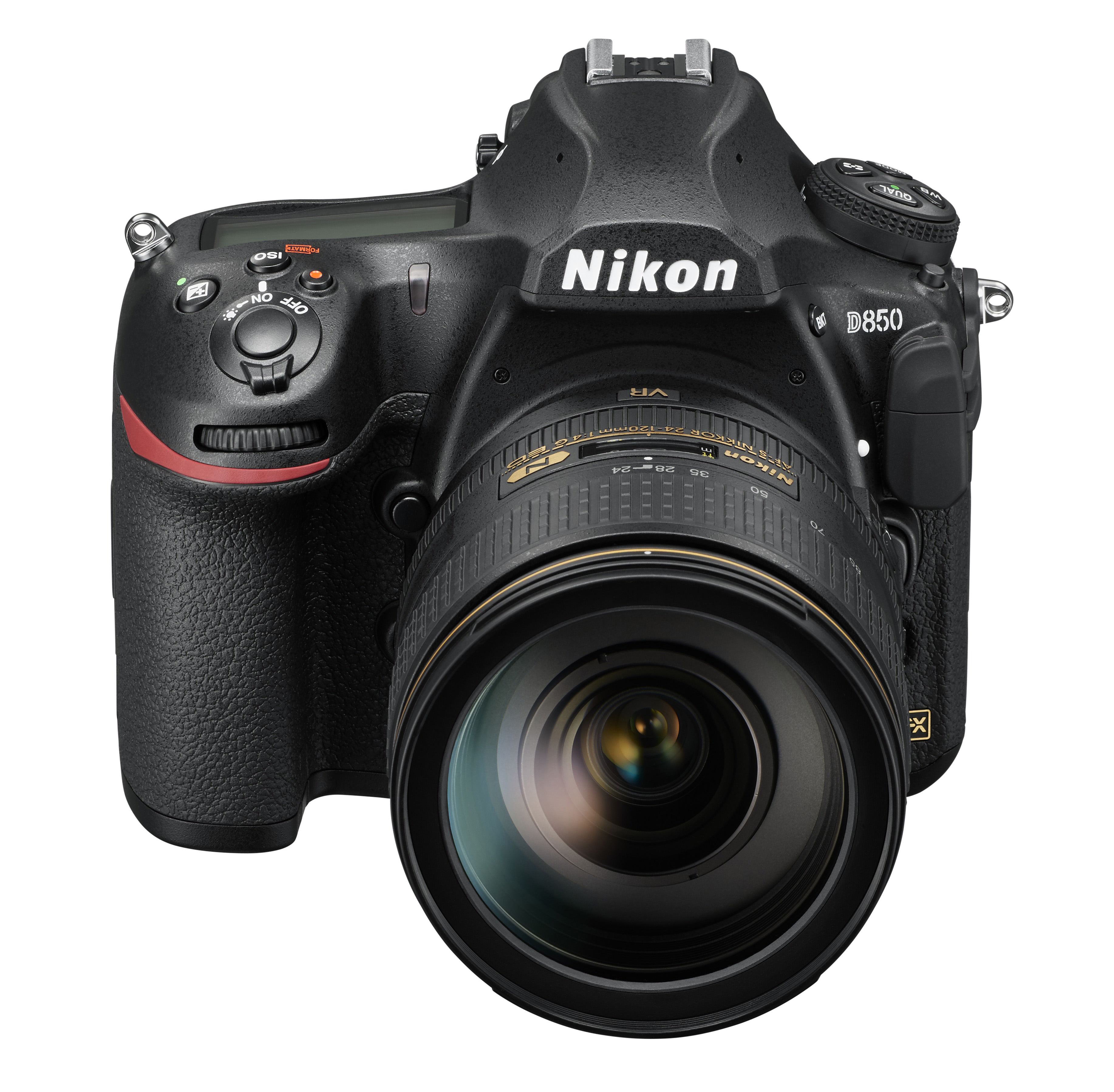 Schwarze Nikon D850 Kamera mit Objektiv. Die Kamera befindet sich auf weißem Hintergrund.