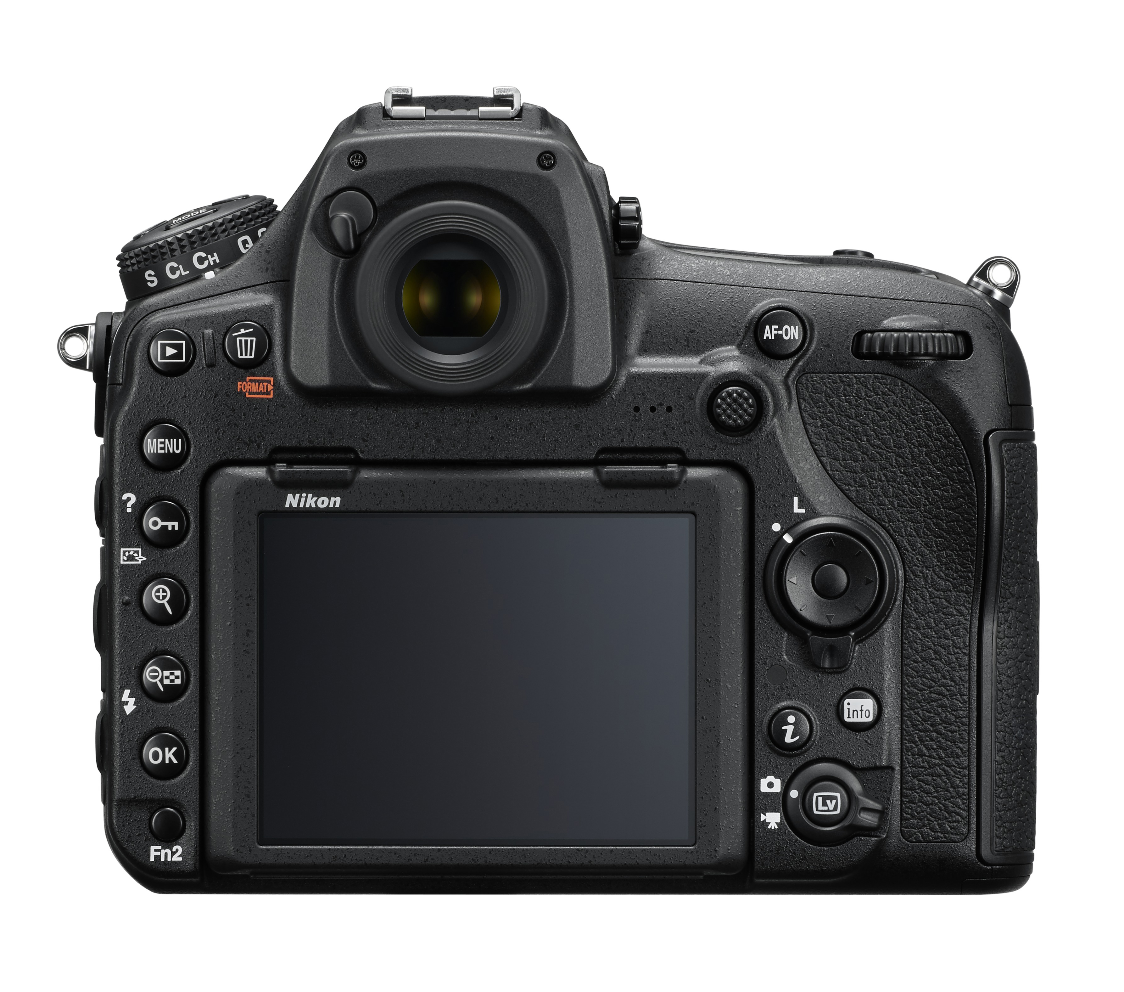 Schwarze Nikon Kamerarückseite mit Bildschirm, Knöpfen und Rädern sichtbar. Weißer Hintergrund.
