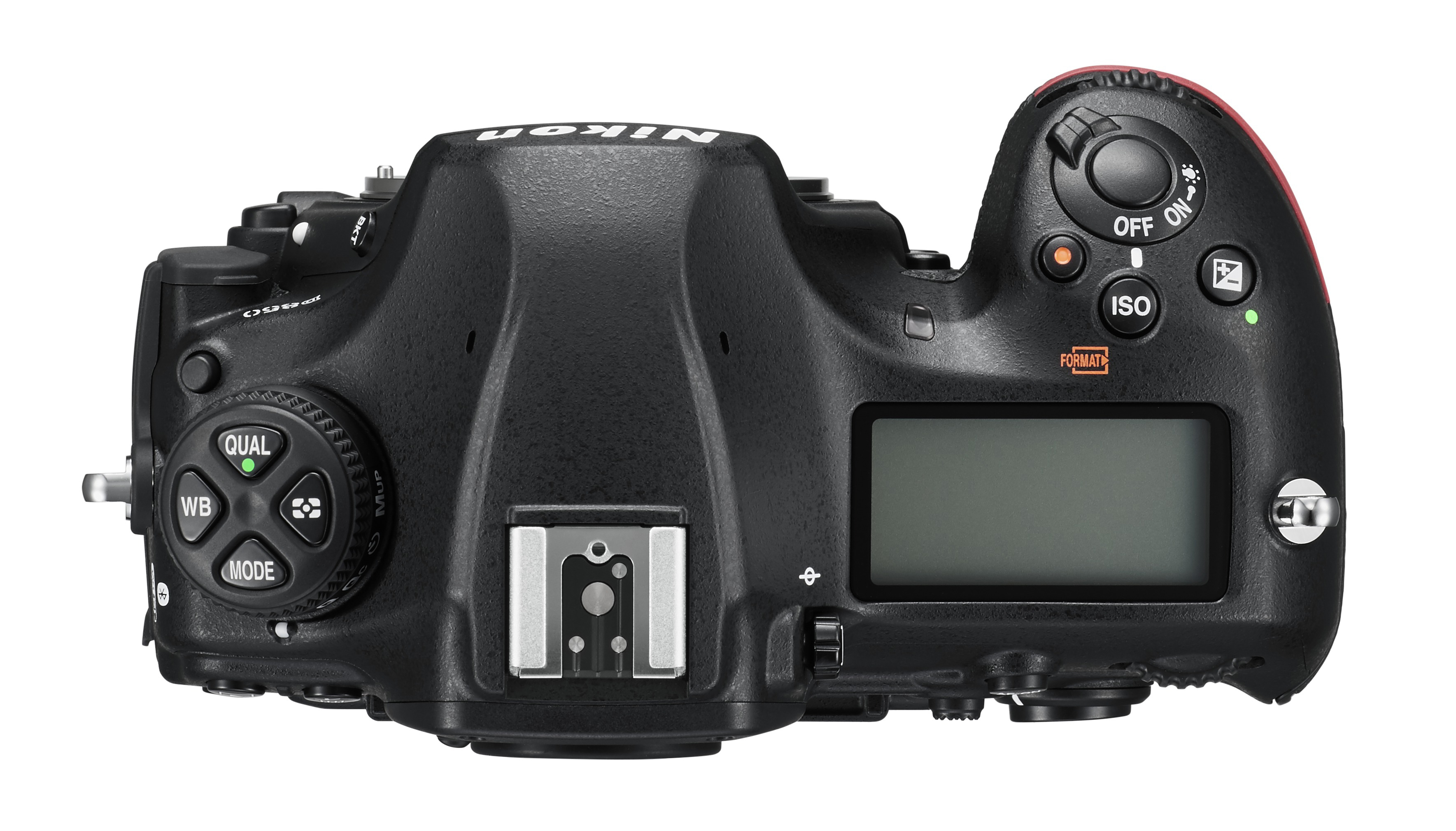 Draufsicht auf eine schwarze Nikon Kamera mit Knöpfen und Bildschirm. Der Hintergrund ist weiß.