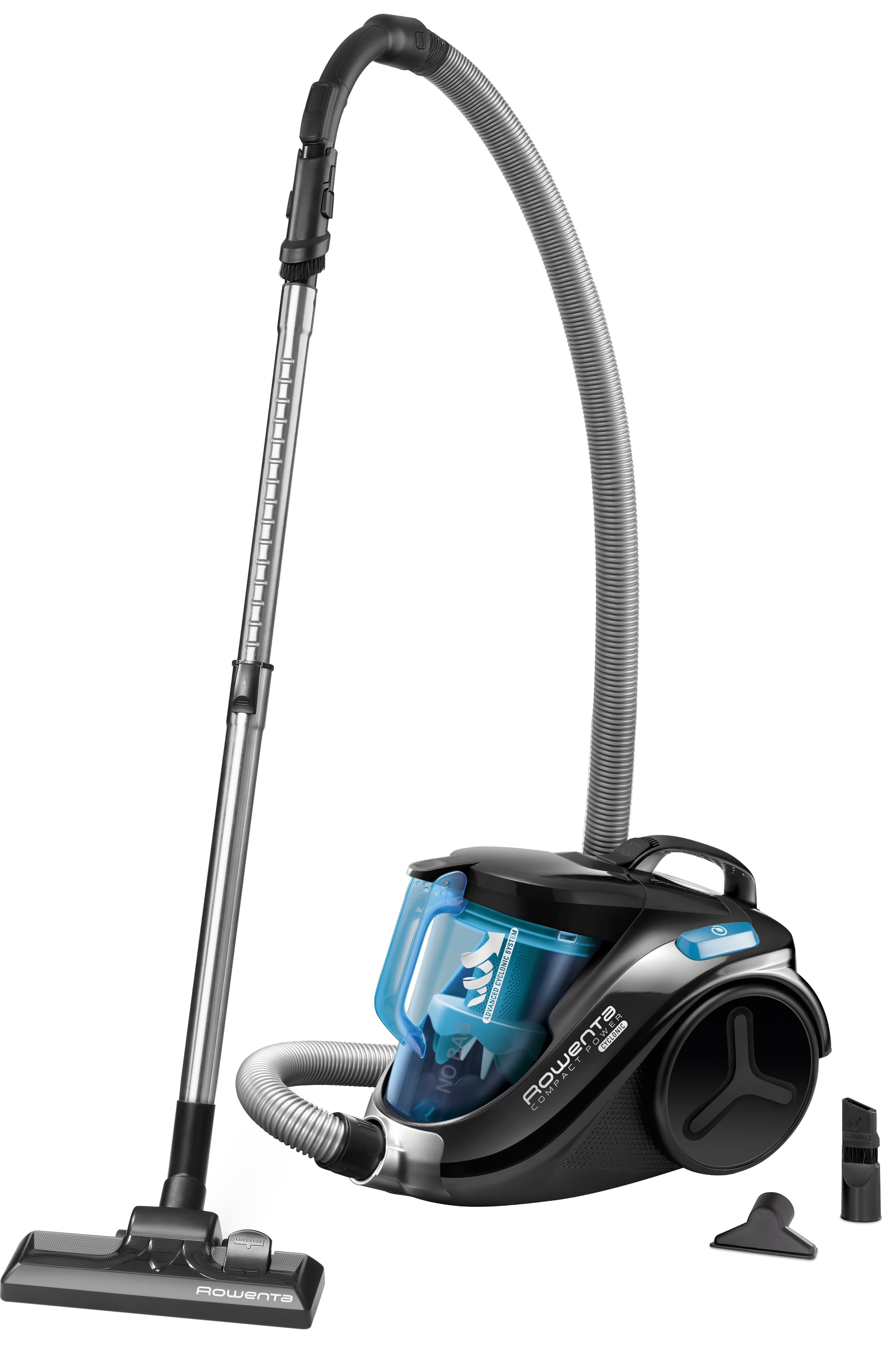 Egy Rowenta Compact Power Cyclonic porszívó. Fekete-ezüst színű, kék díszítéssel és tartozékokkal.