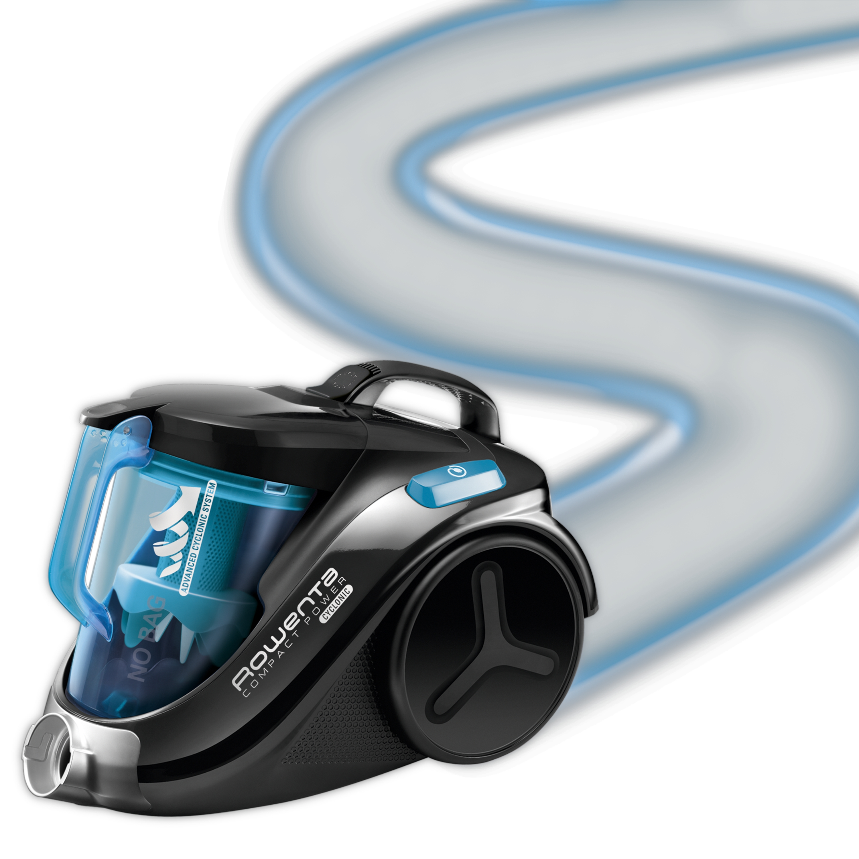 Egy fekete-kék Rowenta Compact Power Cyclonic porszívó. Kék portartálya és fekete fogantyúja van.