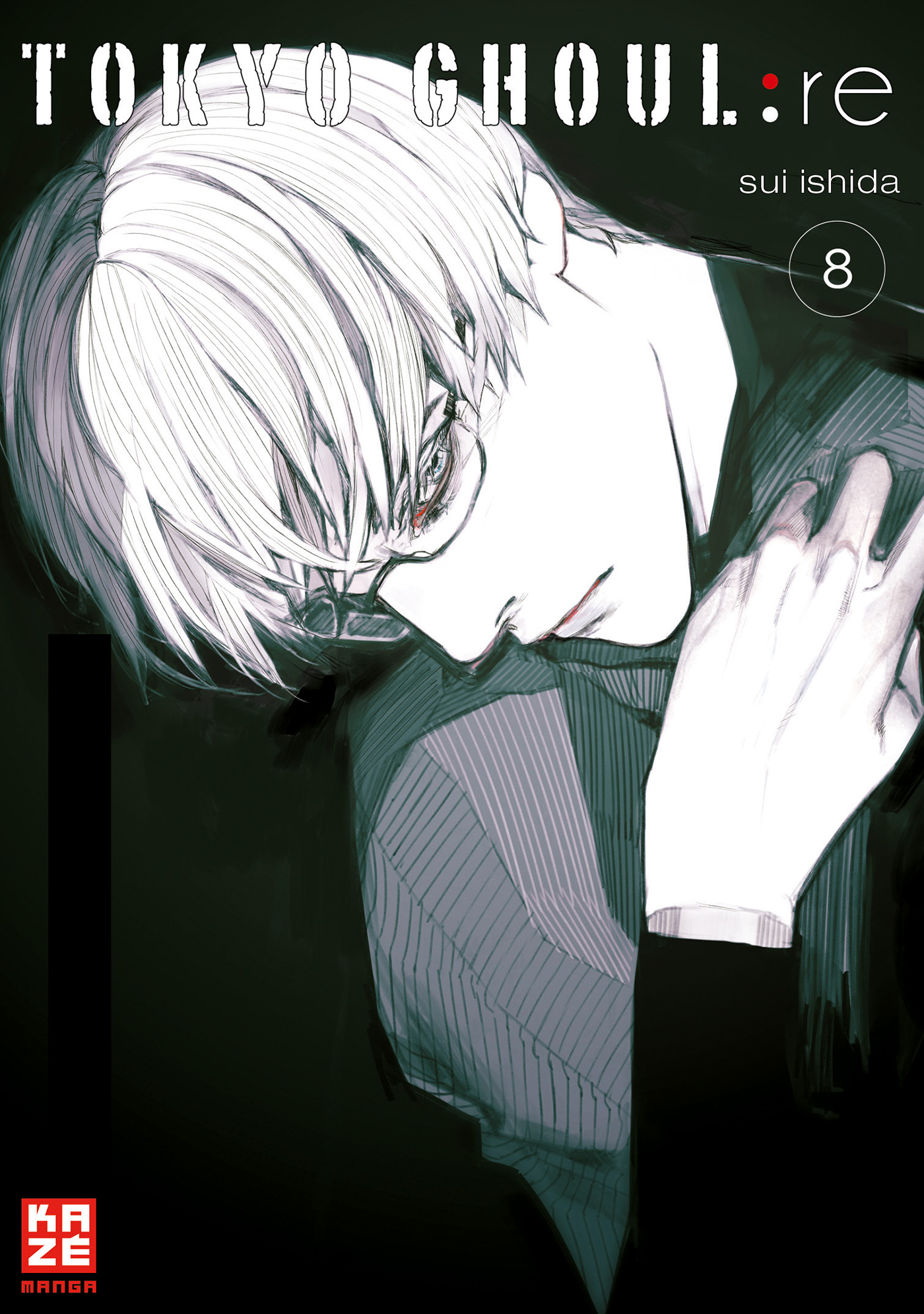 Manga-Cover: TOKYO GHOUL:re. Eine Person mit weißen Haaren und Brille. Schwarz-grauer Hintergrund.