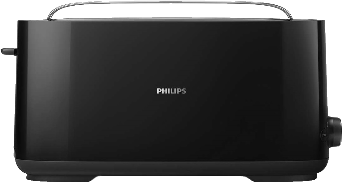 Een zwarte Philips broodrooster. Het heeft een handvat en een draaiknop aan de zijkant. De achtergrond is zwart.