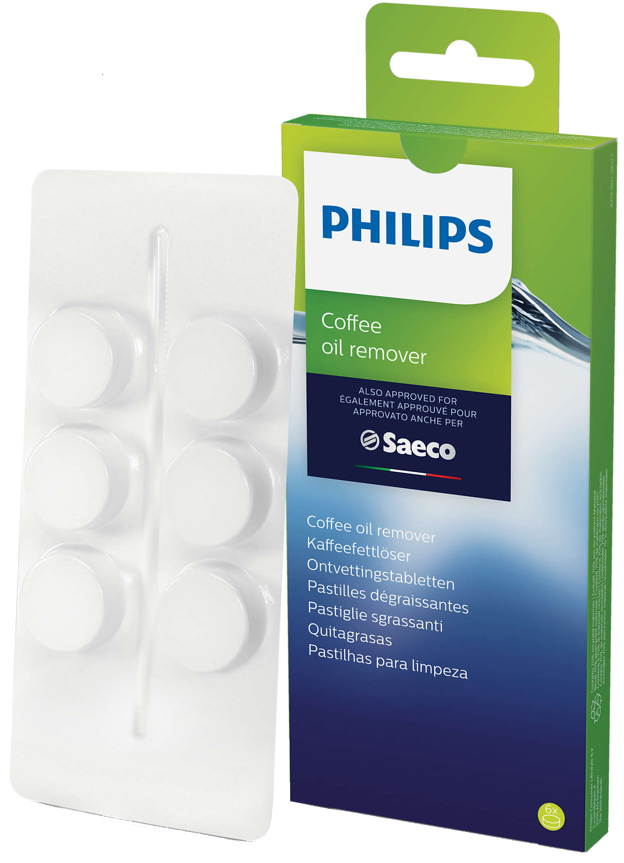 Philips coffee machine cleaning tablets in a blister pack and box.