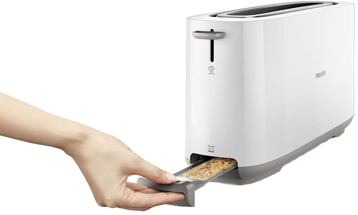 Een witte broodrooster met een hand die een bakje geroosterd brood eruit trekt.