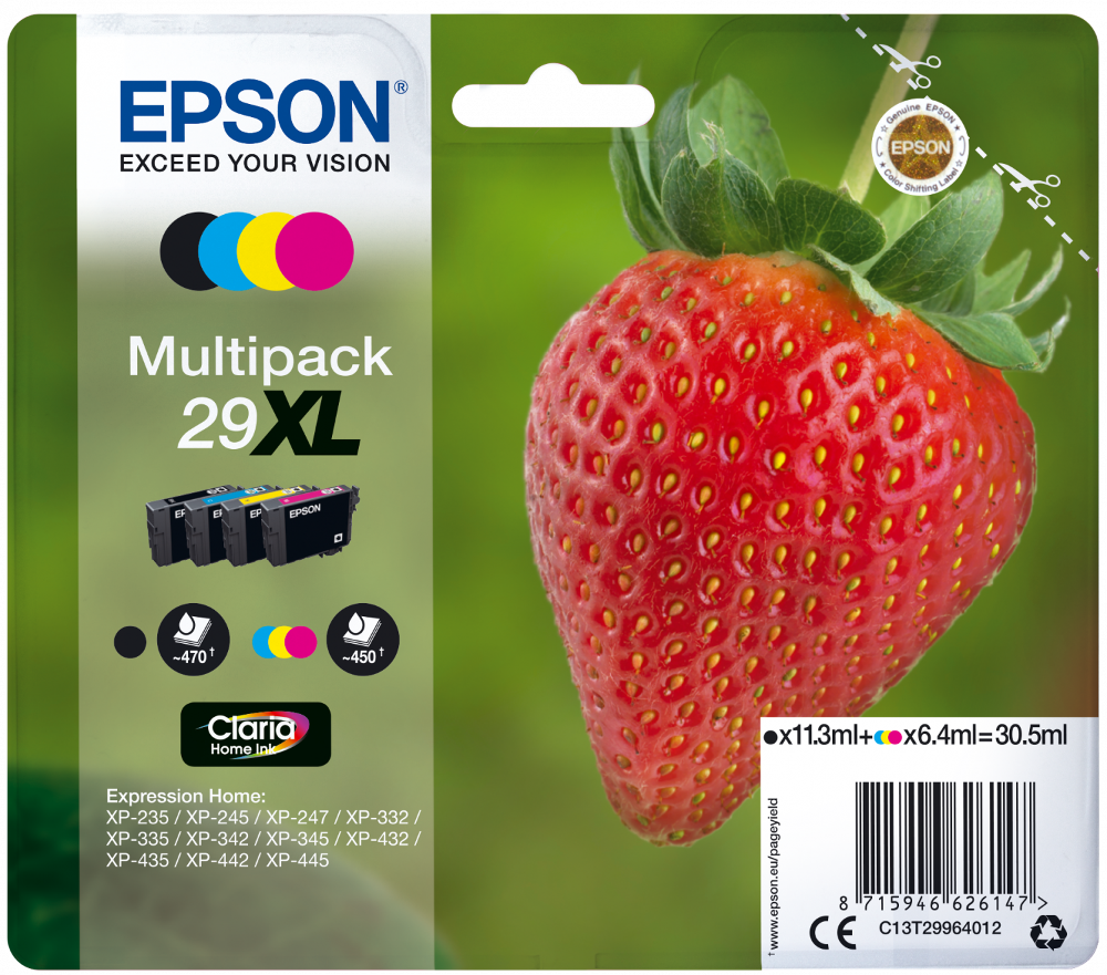 Paquet de cartouches d'encre Epson avec une fraise, montrant les cartouches et les détails du produit.