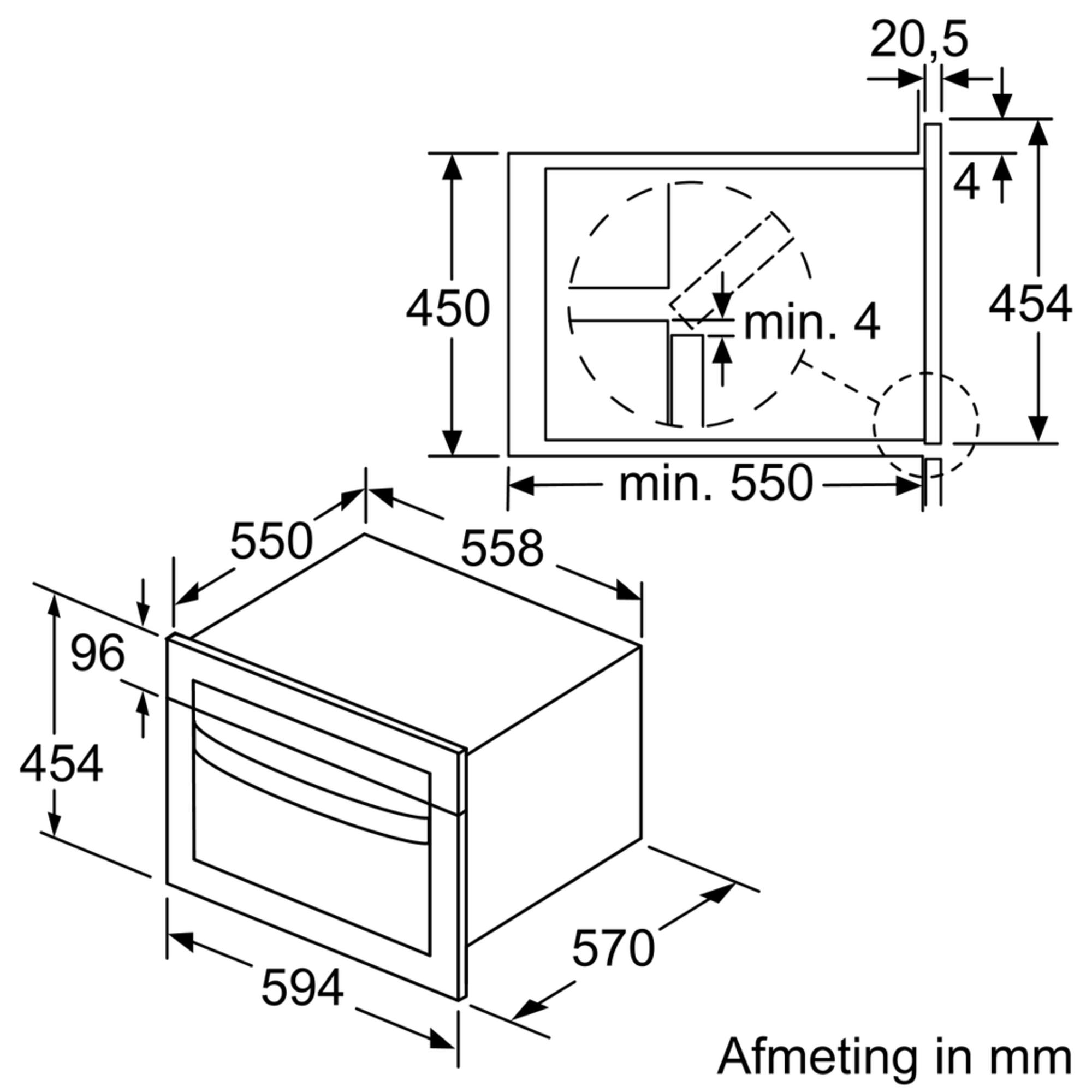 Technische tekening van een oven met afmetingen in mm. Zwart en wit. Witte achtergrond.