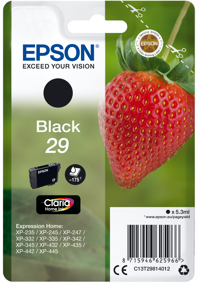 Epson Black 29 inktcartridgeverpakking met een aardbei en een zwart inktmonster.
