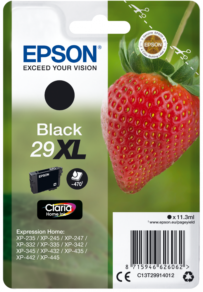 Emballage de cartouche d'encre Epson Black 29 XL avec goutte d'encre noire et fraise.