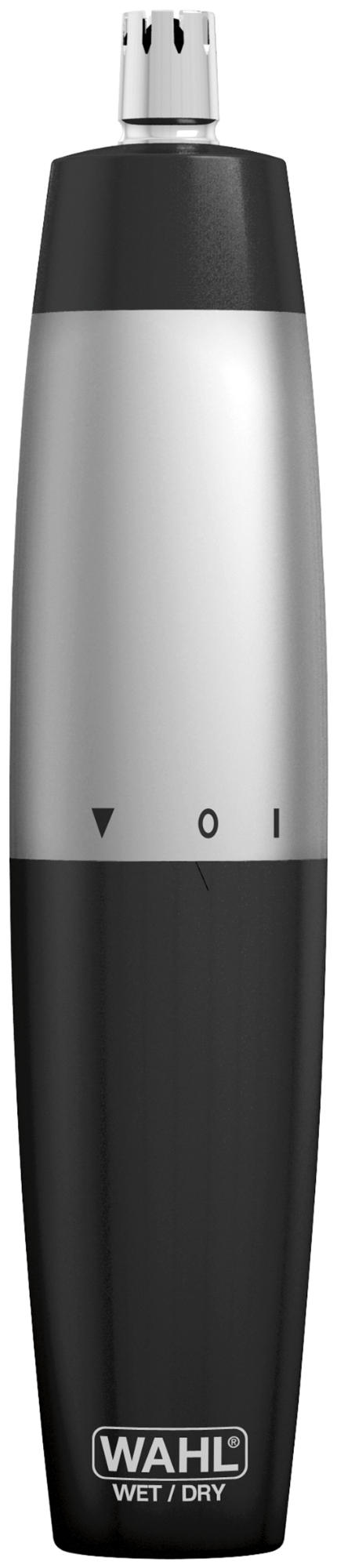 Recortador de vello nasal Wahl Wet/Dry negro y plateado.  Dial con marcas 0, I y V.