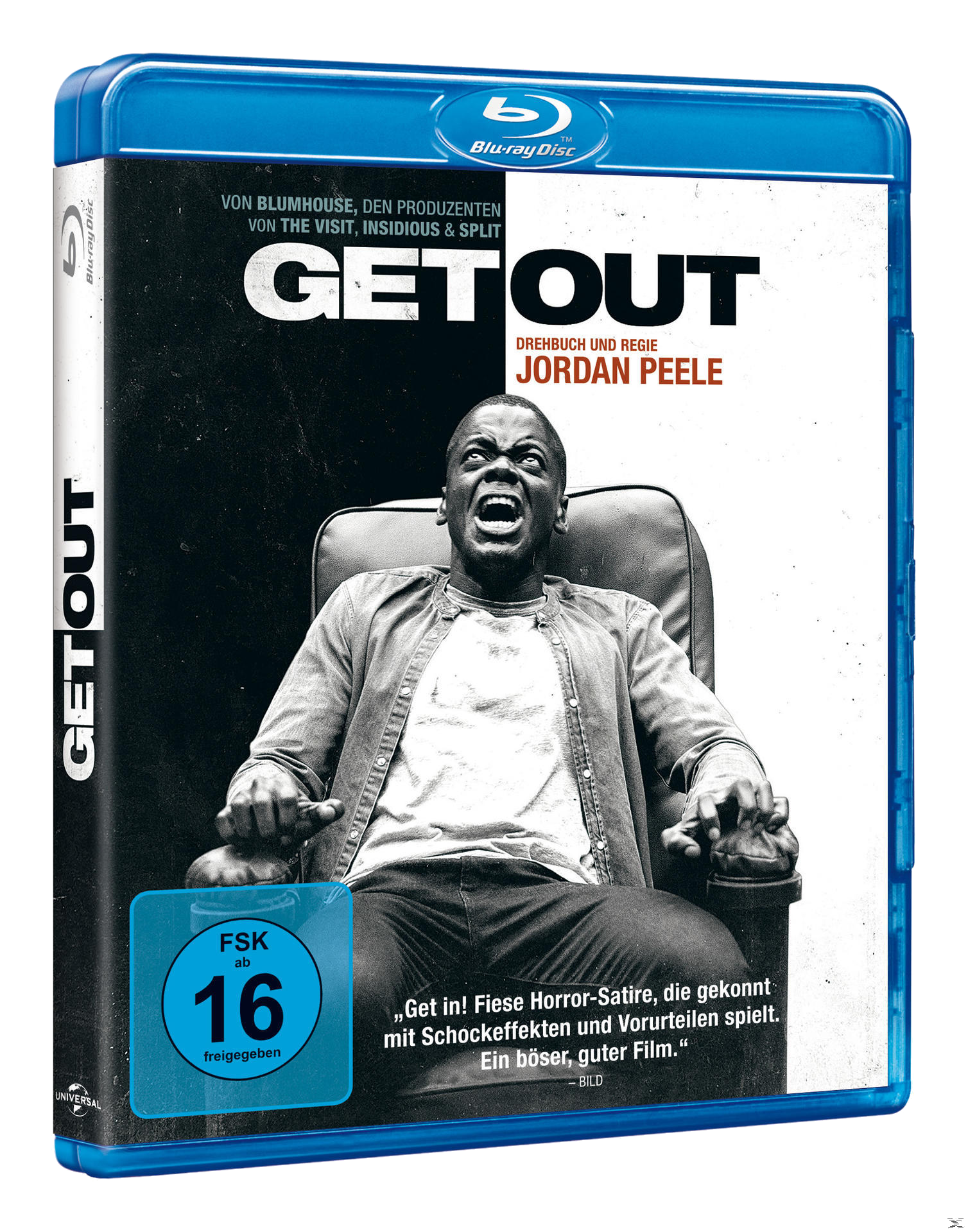 Eine DVD-Hülle von 'Get Out' mit einem schreienden Mann. Schwarzer Hintergrund.