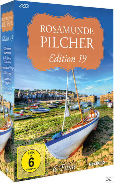 DVD-Box für Rosamunde Pilcher, mit Boot auf dem Wasser und Hafenansicht.
