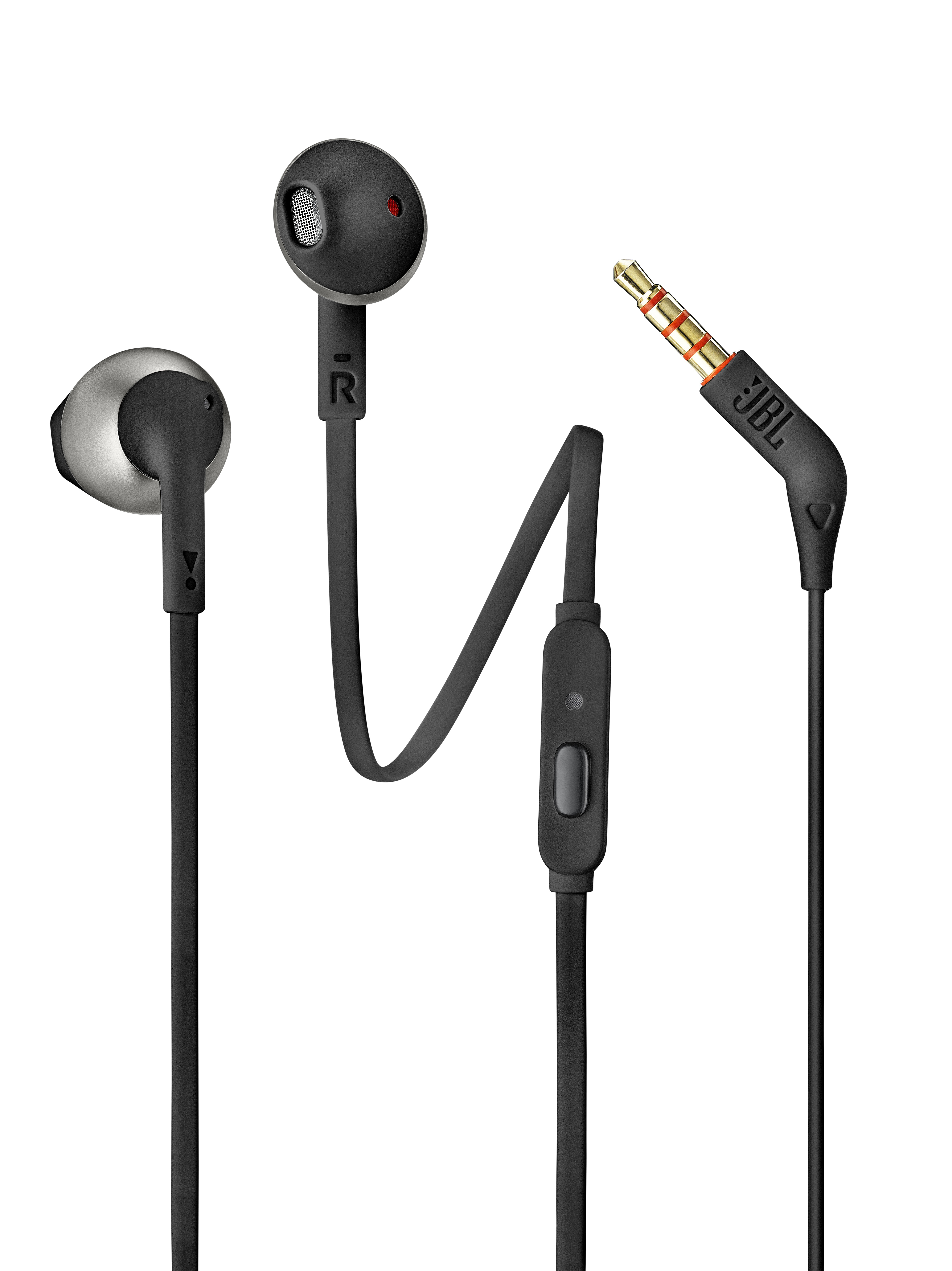 Schwarze JBL-Ohrhörer mit Mikrofon und goldfarbenem Stecker.