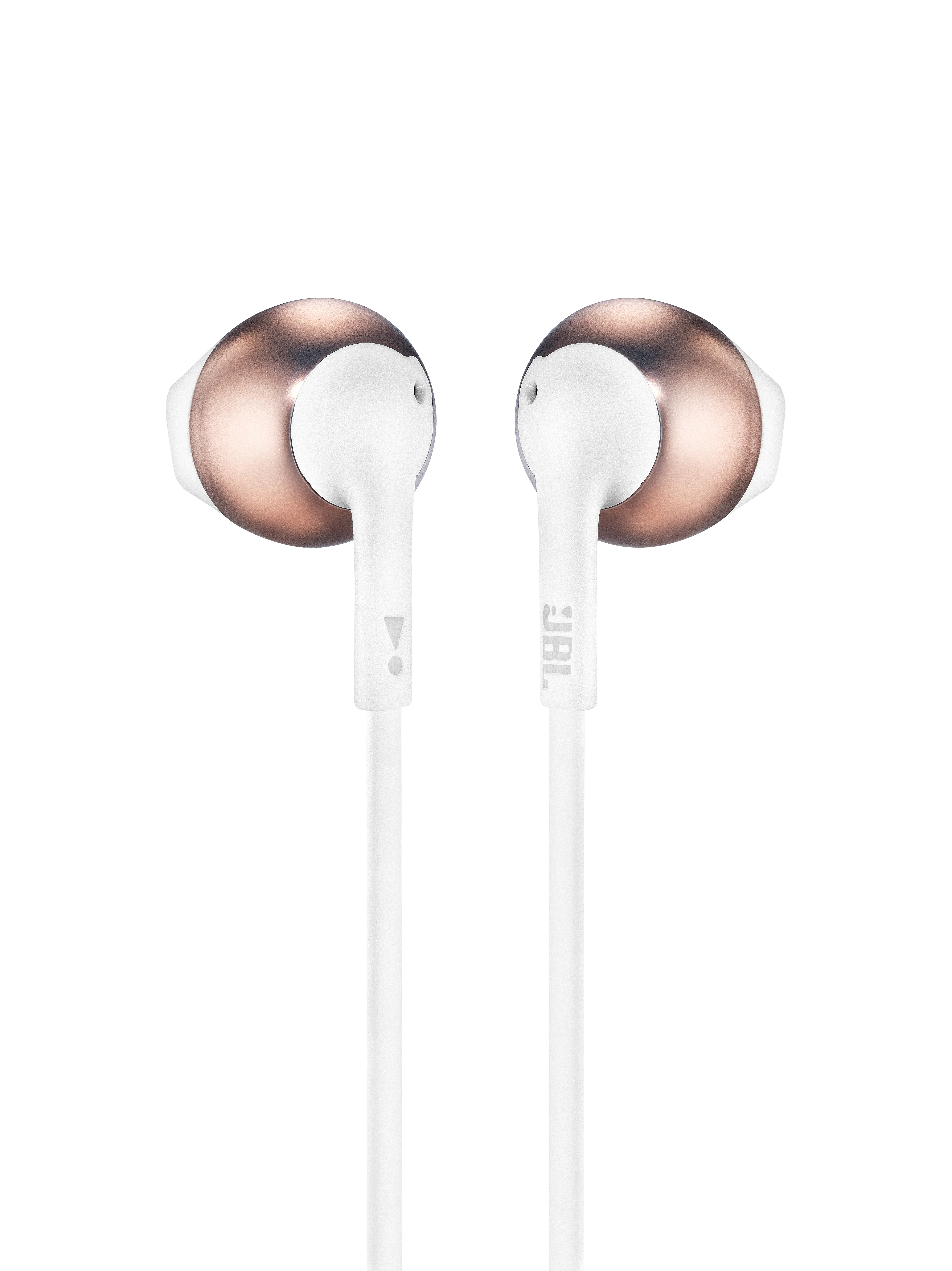 Weiße und roségoldene In-Ear-Kopfhörer mit weißen Kabeln.