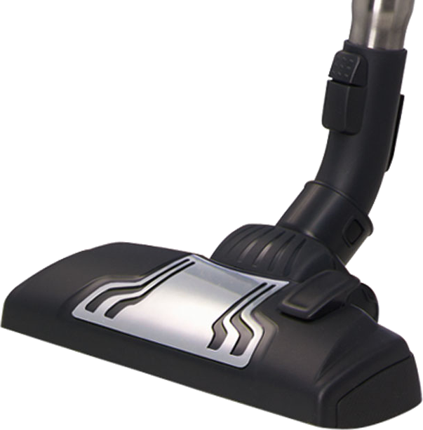 Fekete porszívófej ezüst fémcsíkkal és két horonnyal. A fej lefelé dől.
