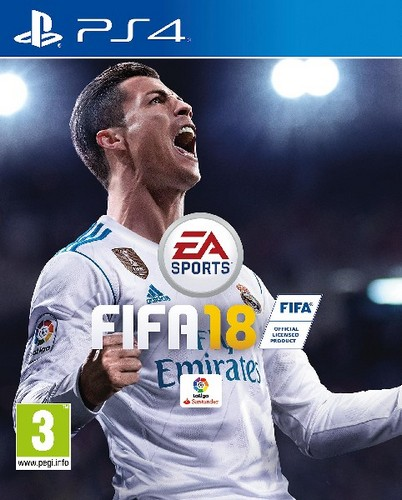 Portada del juego FIFA 18 con Ronaldo. Jersey blanco, logo de EA Sports y logo FIFA. Logo PS4 arriba.