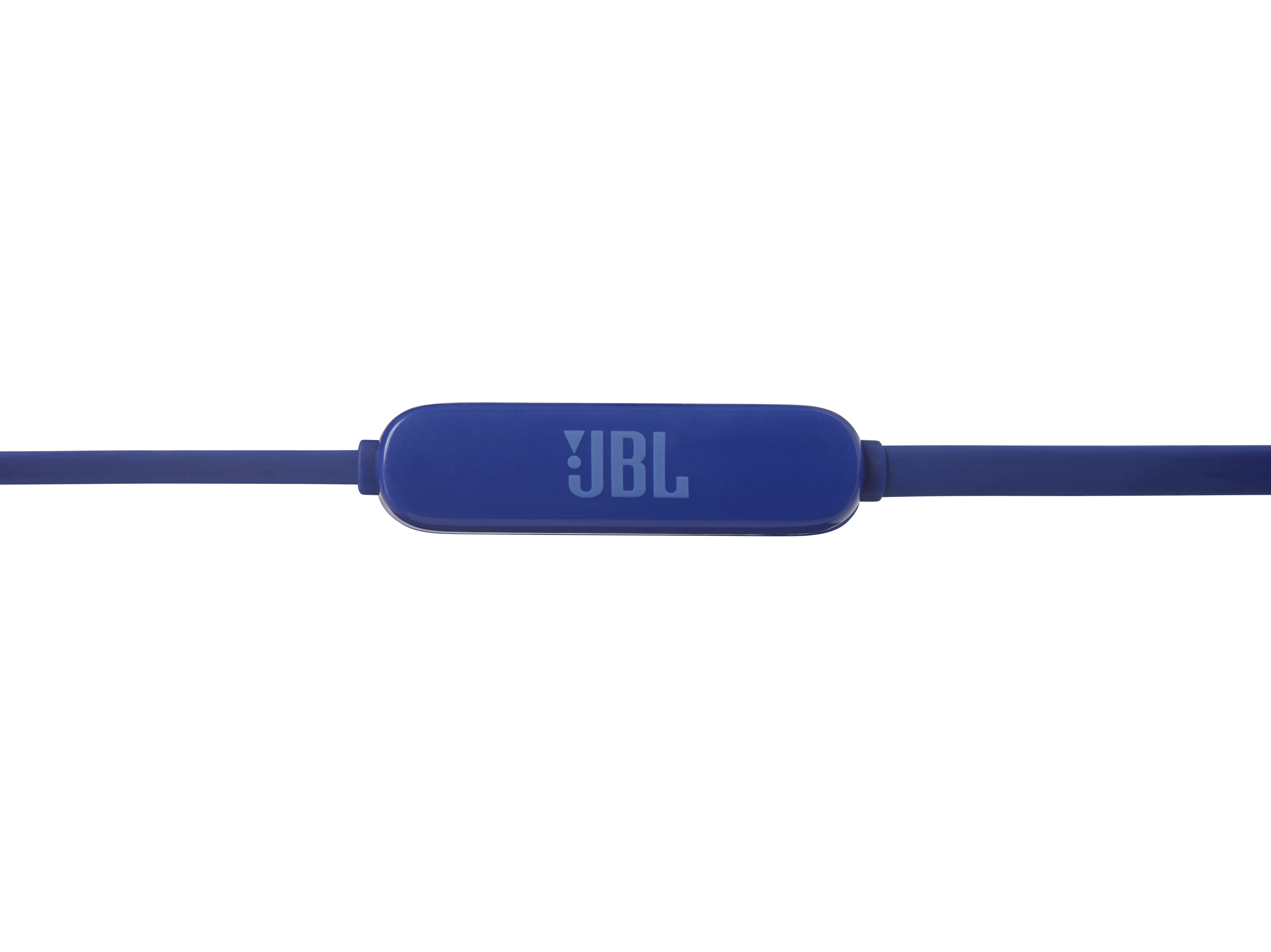 Blaues JBL-Kabel für Ohrhörer mit blauem Steuermodul, auf weißem Grund.