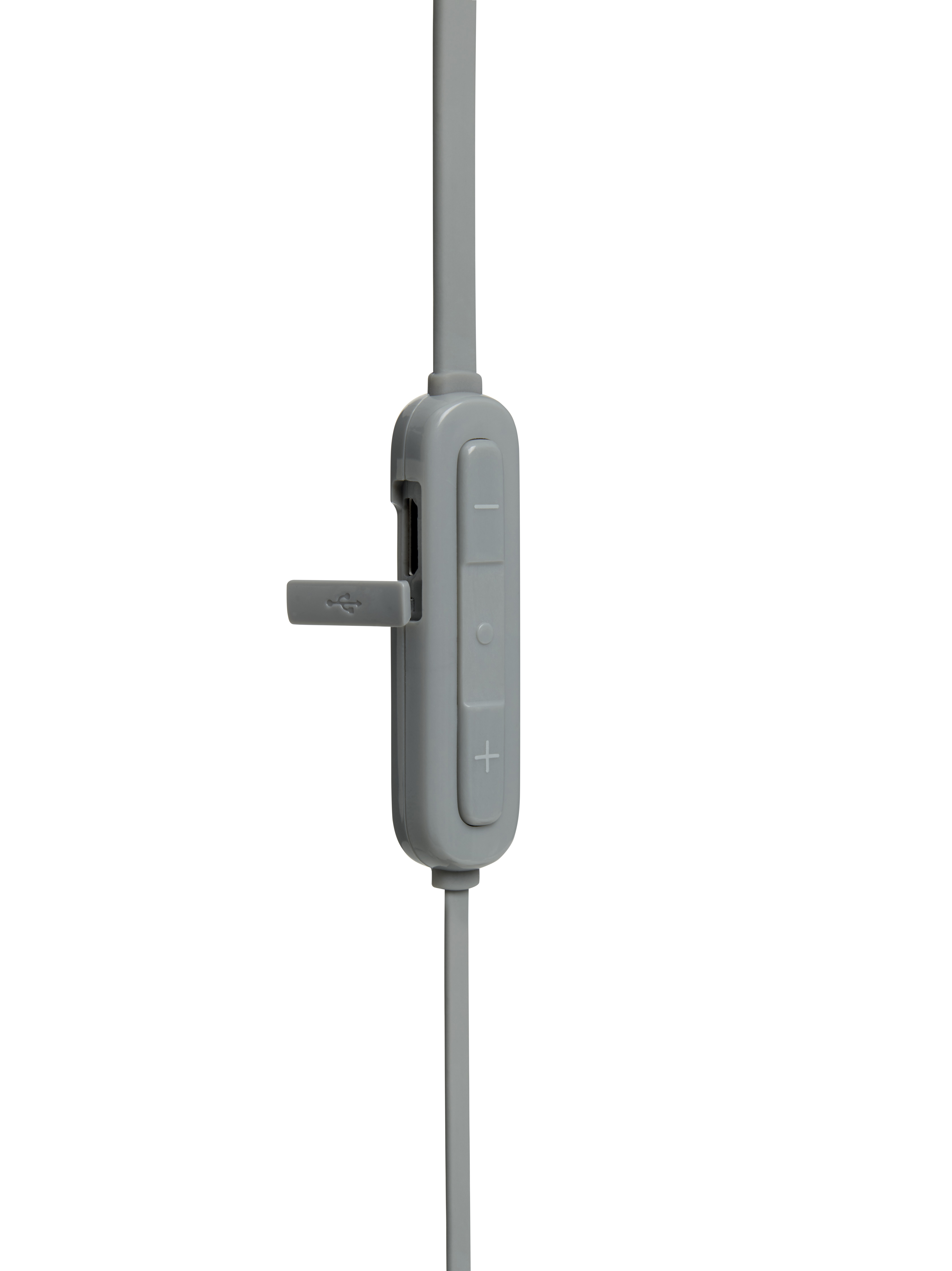 Graue Inline-Steuerung für Kopfhörer mit Knöpfen und USB-Anschluss.