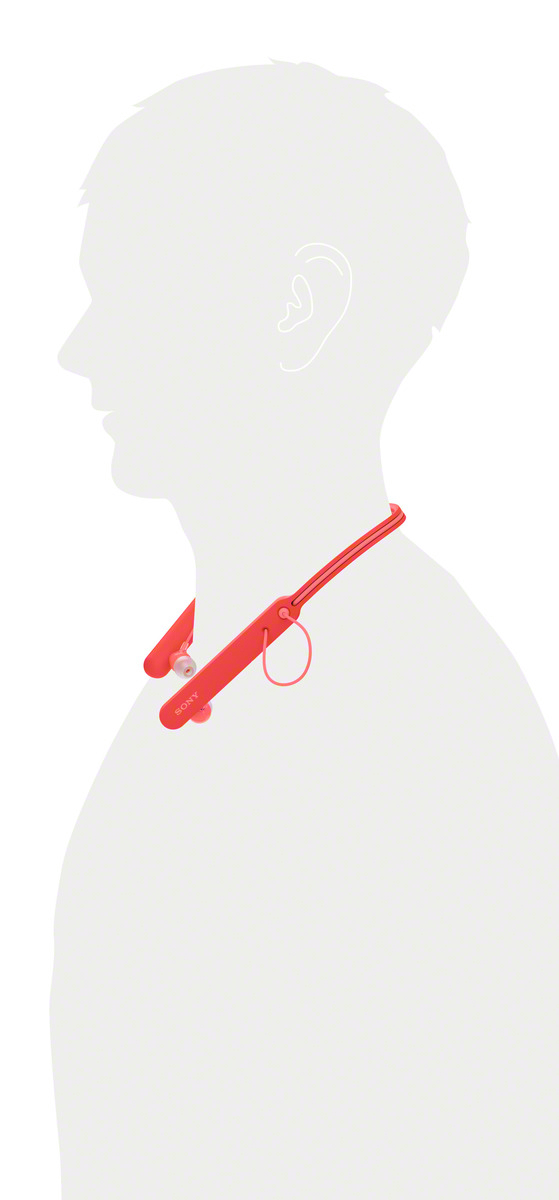 Eine Silhouette einer Person, die rote Sony Nackenbügelkopfhörer trägt.