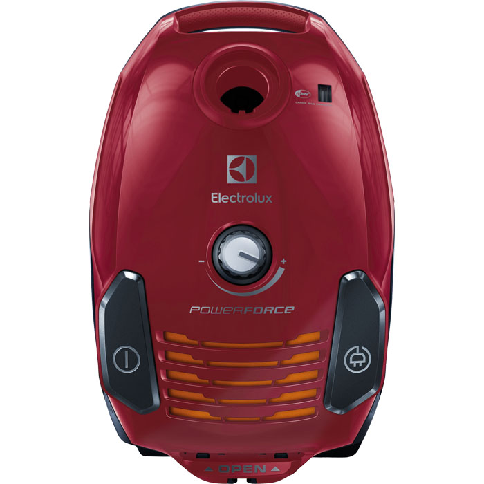 Piros Electrolux porszívó. Van egy teljesítménytárcsája és két fekete gombja. A háttér fehér.
