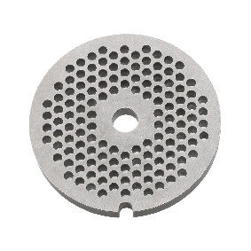 Eine Metallplatte mit vielen kleinen Löchern. Das Objekt ist rund, mit einem größeren Mittelloch.