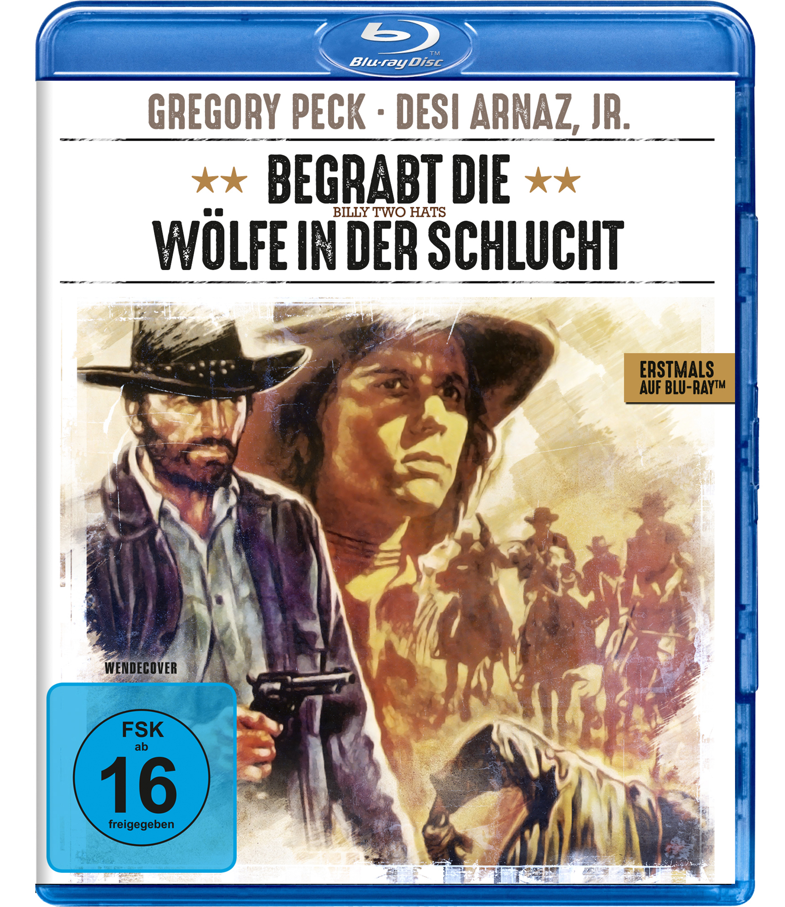 Blu-ray-Cover. Gregory Peck und Desi Arnaz Jr. in einem Westernfilm. 'Begrabt die Wölfe in der Schlucht' ist der Titel.