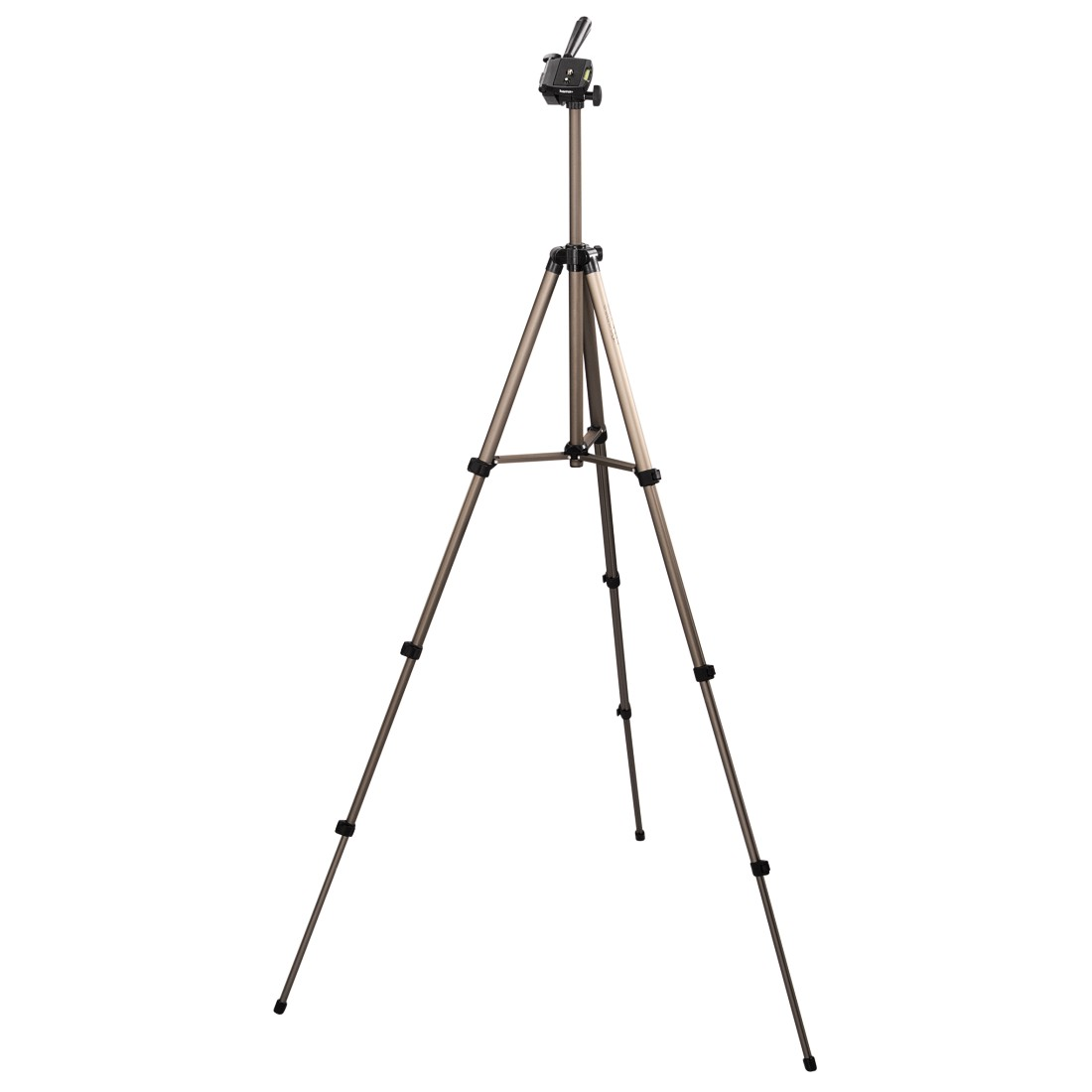 A brown tripod with a camera mount, on a white background.