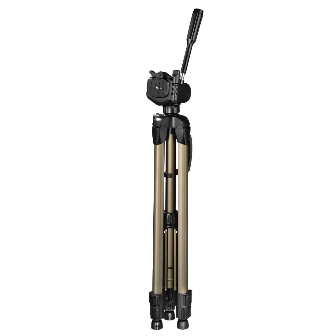 A tripod with a bronze-colored leg and a black head. It has a black handle and feet.