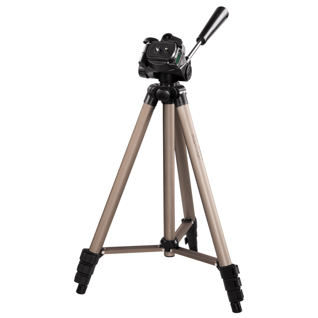 A camera tripod, with three legs and a head for attaching a camera.