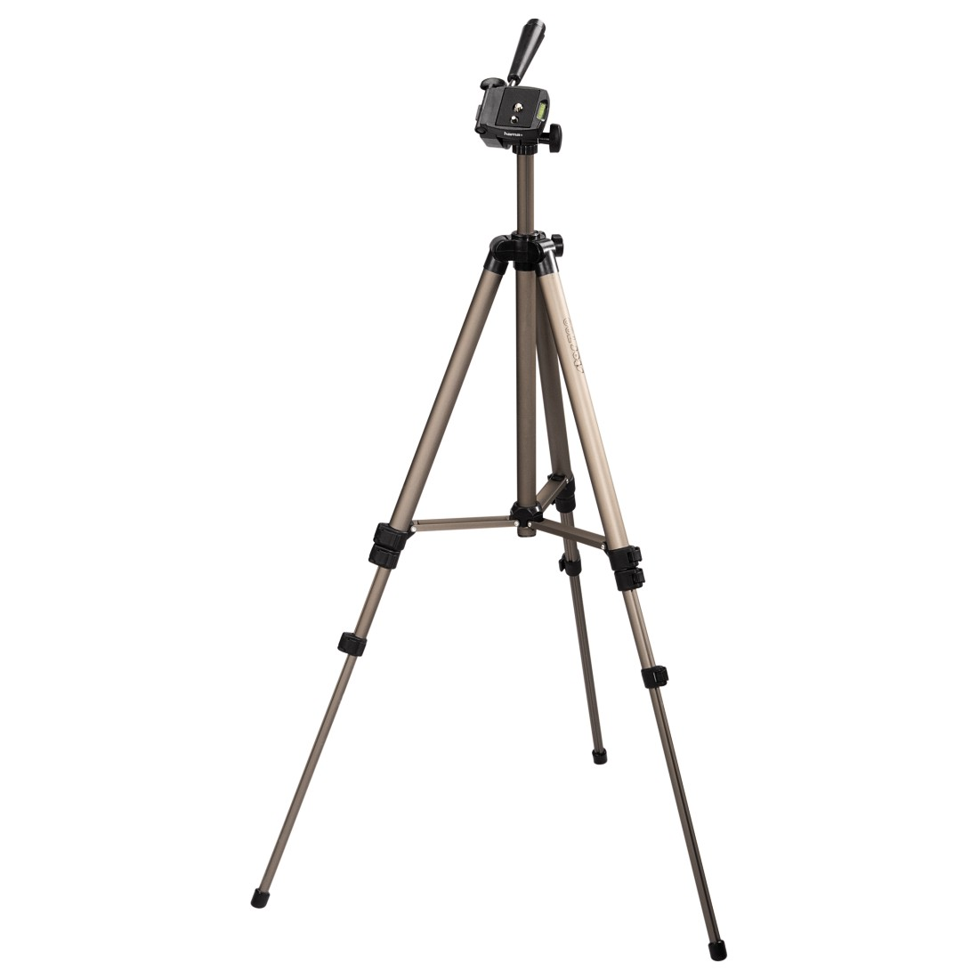 A silver tripod with legs extended, a black camera mount, white background.