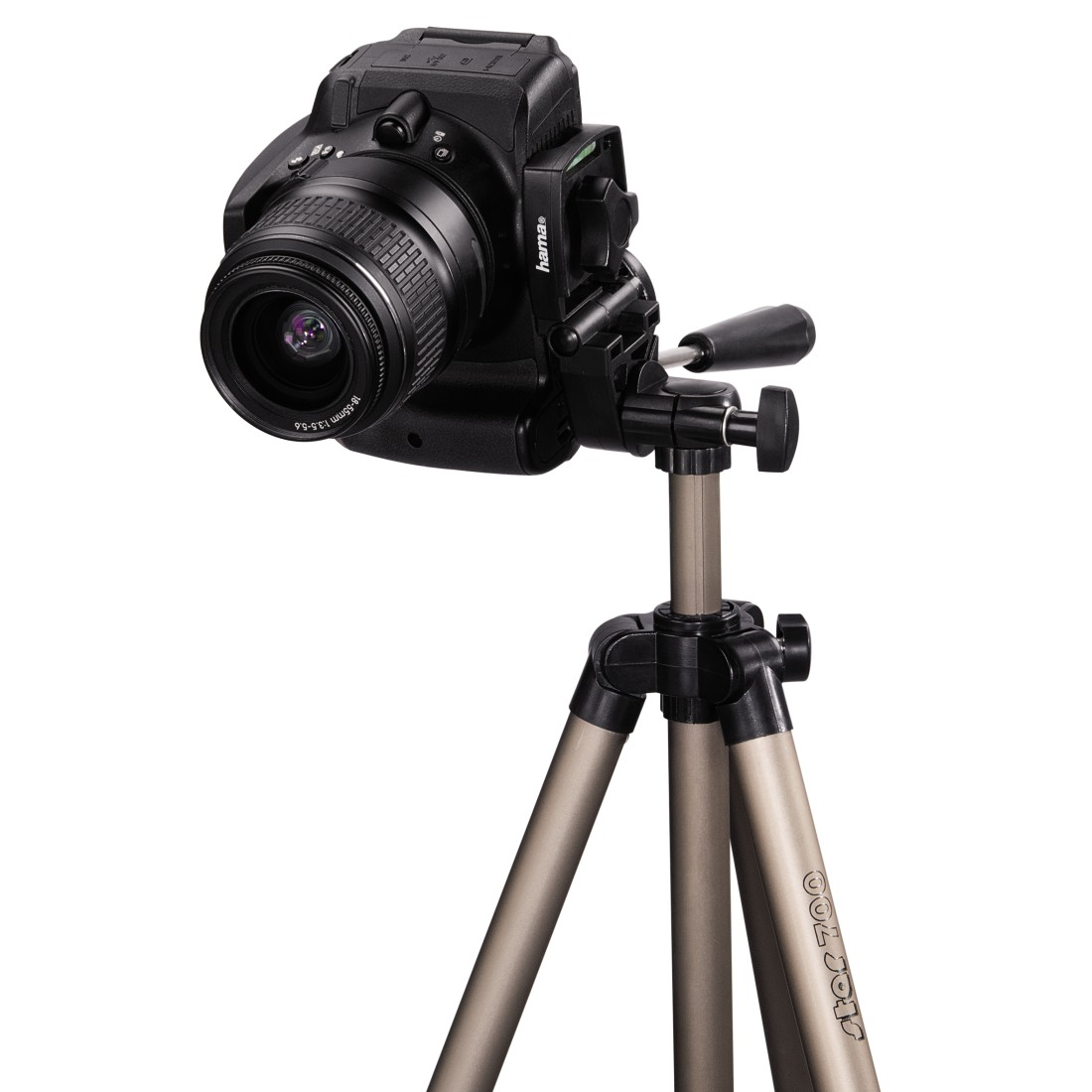 Black camera on a tripod, with a white background.