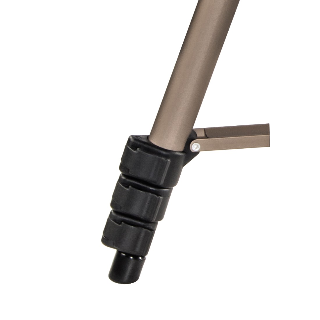 Close-up of a tripod leg and its adjustable black locking mechanisms.
