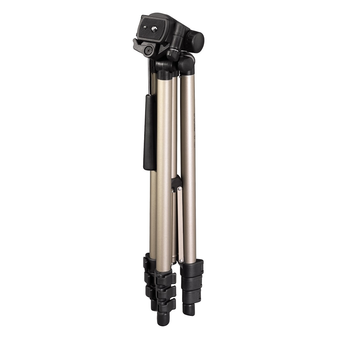 Folded tripod. Silver legs, black and silver head. Black leg locks.