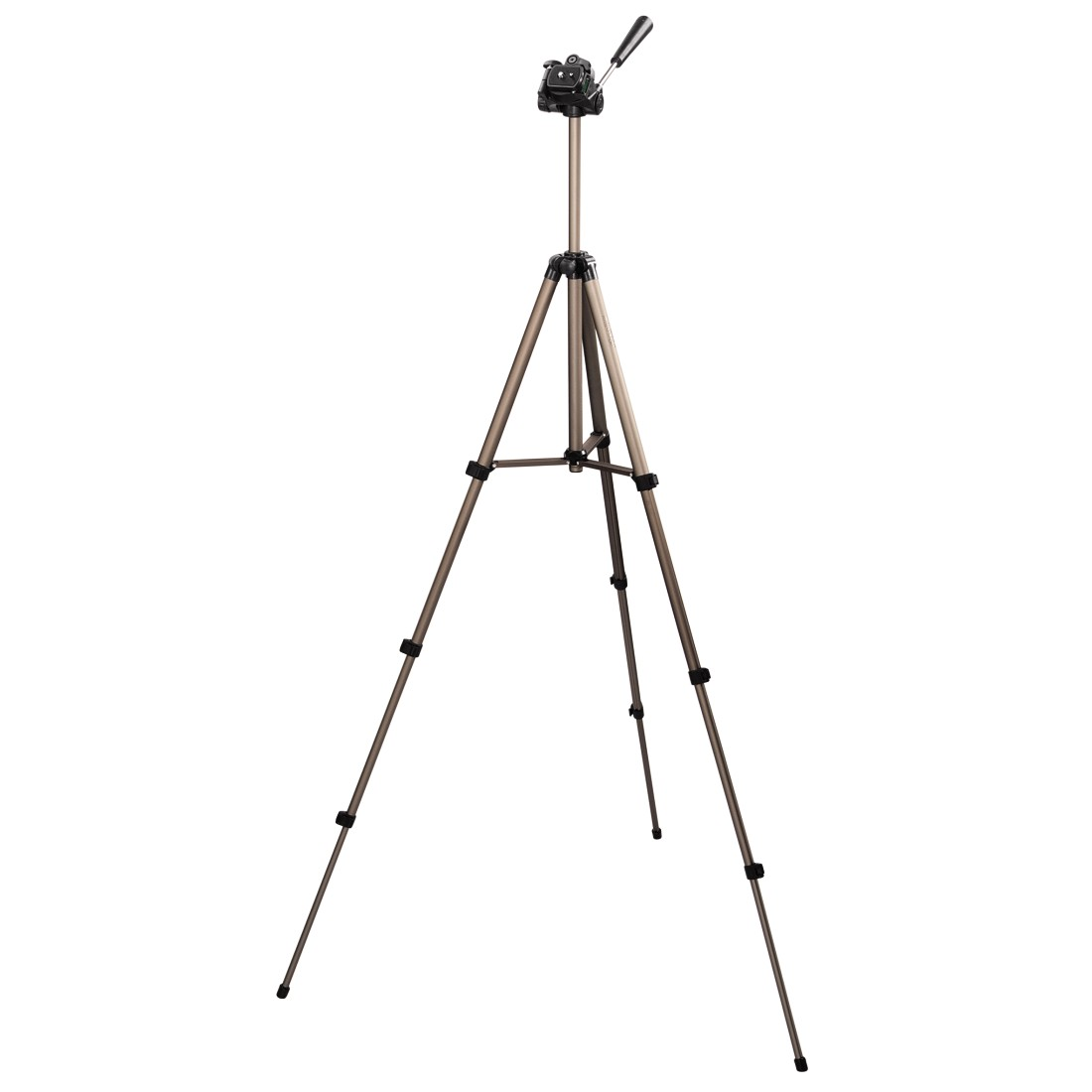 A brown and silver tripod for a camera. The legs are extended, and a camera mount is on top.