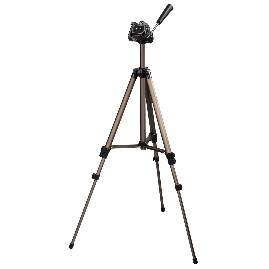 A silver and brown tripod camera stand, with a camera mount and a handle, on a white background.