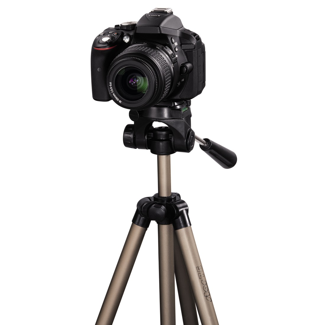 Black camera on a tripod. Camera lens facing forward, white background.