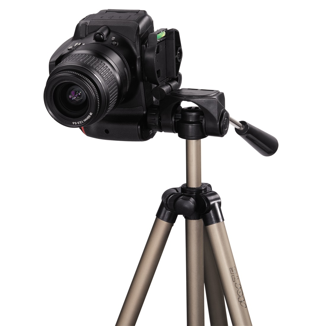 Black camera mounted on a tripod. The tripod is silver and black, with a black handle.