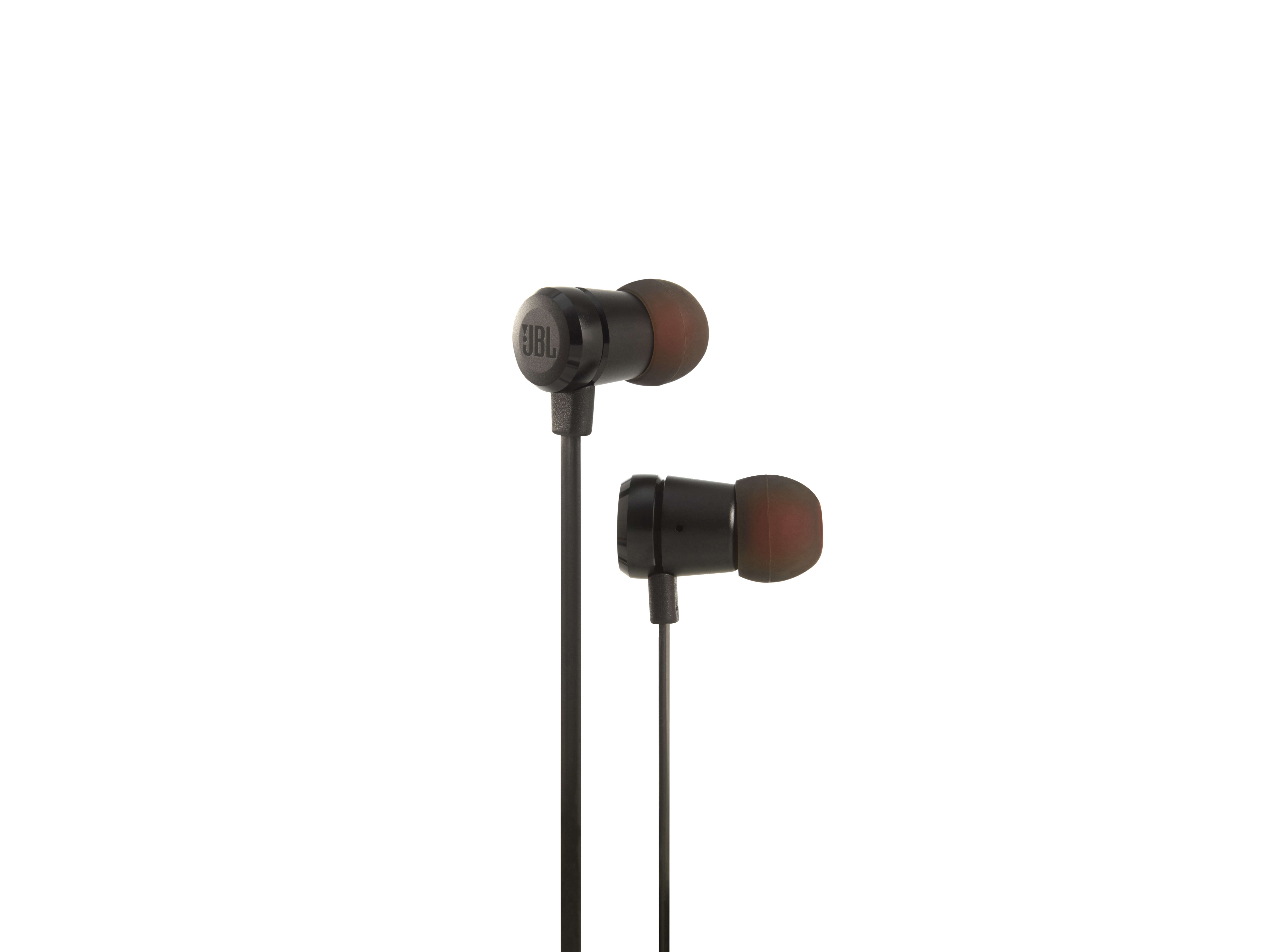 Schwarze JBL In-Ear-Kopfhörer mit roten Ohrstöpseln auf weißem Hintergrund.