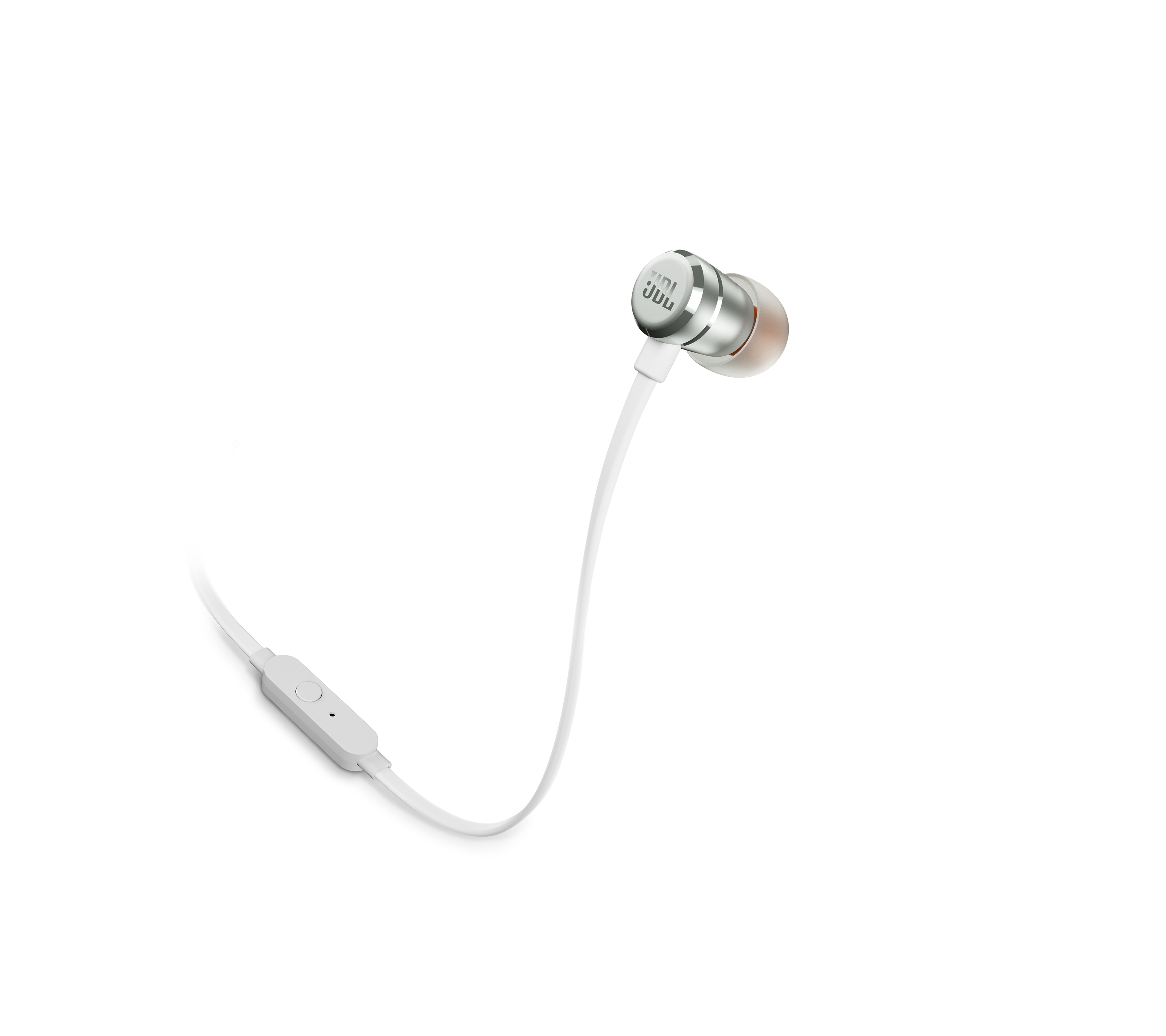 Weiße JBL In-Ear-Kopfhörer mit silbernem Akzent und weißem Kabel vor weißem Hintergrund.