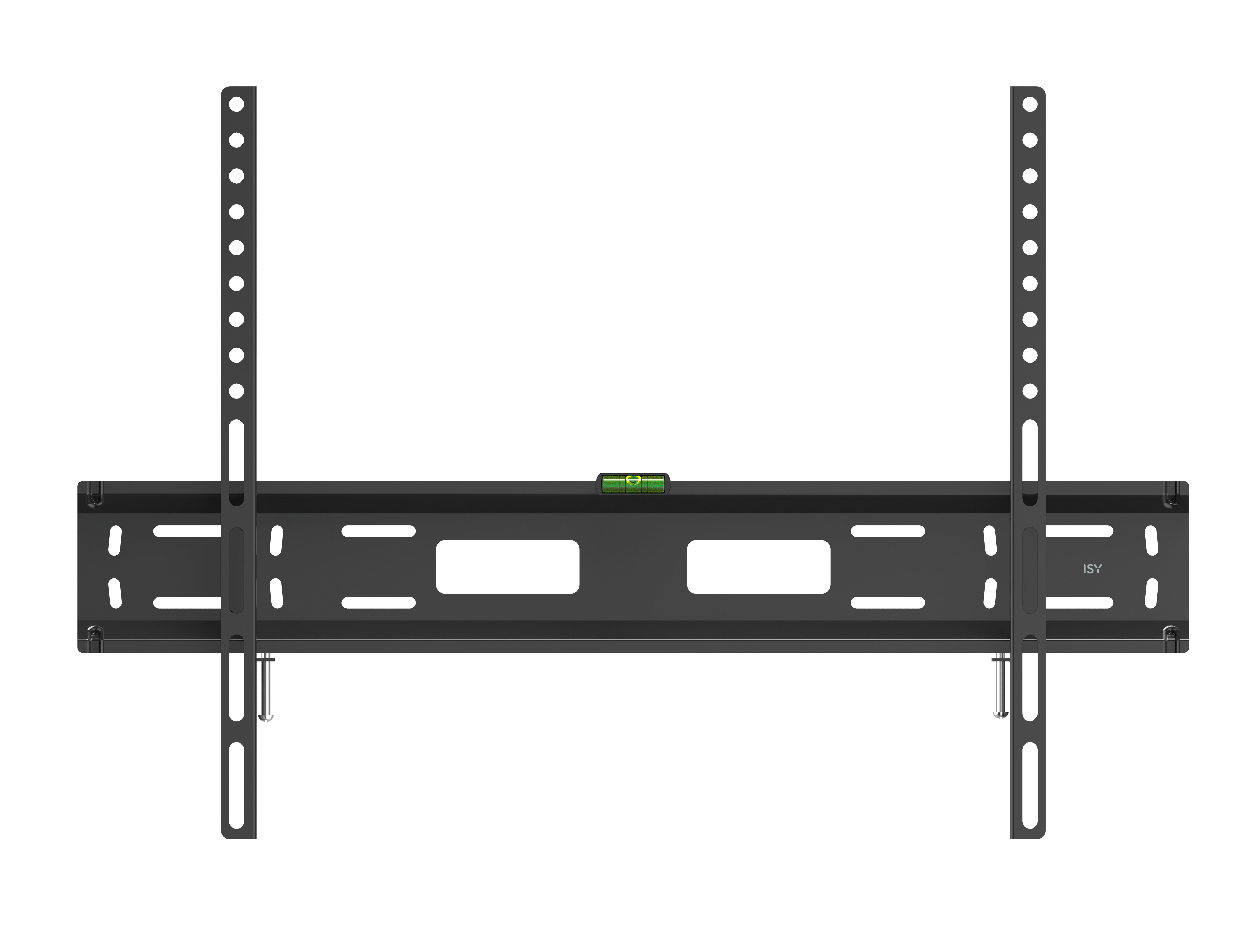 Black TV wall mount with level. Metal with multiple holes for adjusting to the back of the TV.