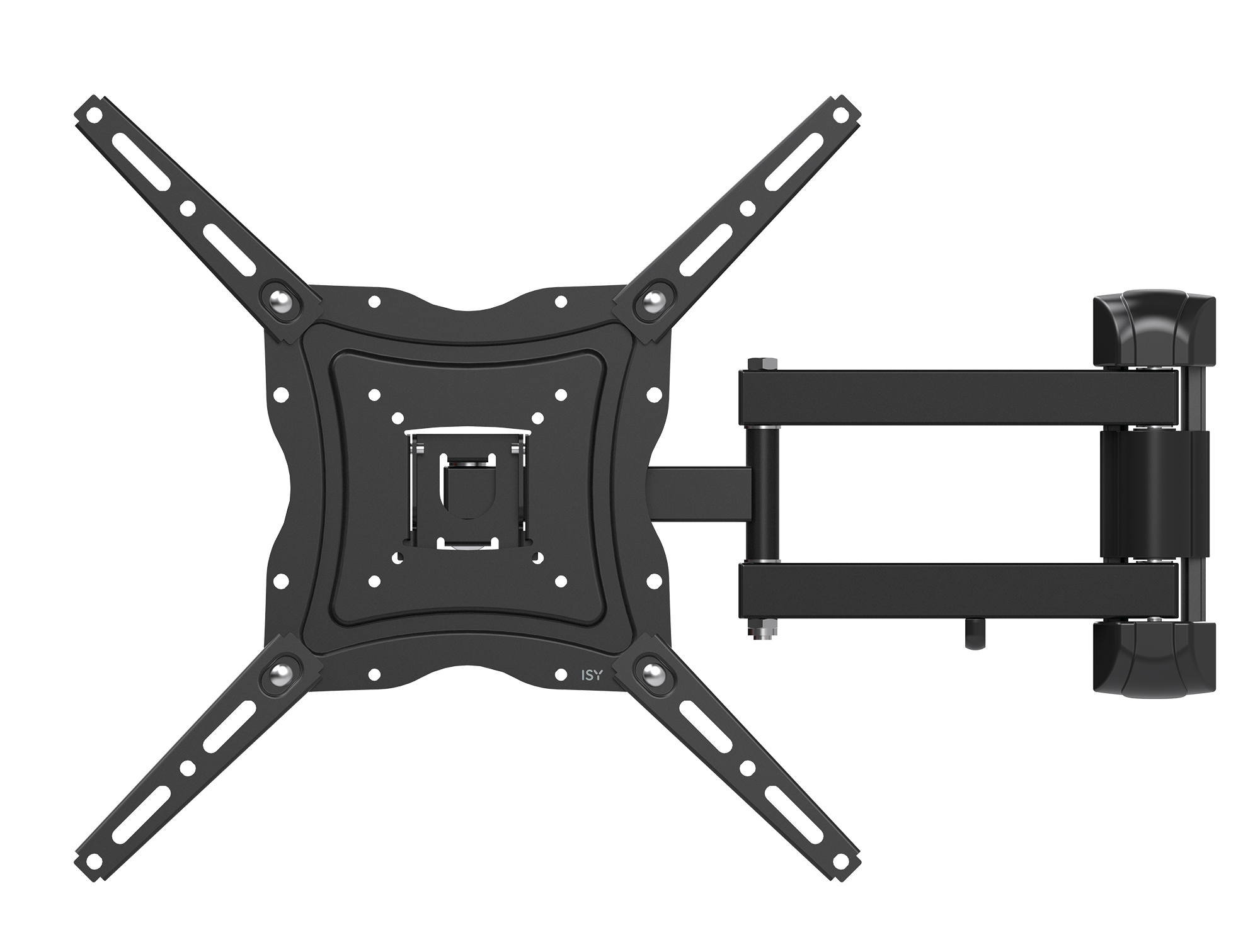 Black TV wall mount, top-down view, with multiple joints and mounting points.