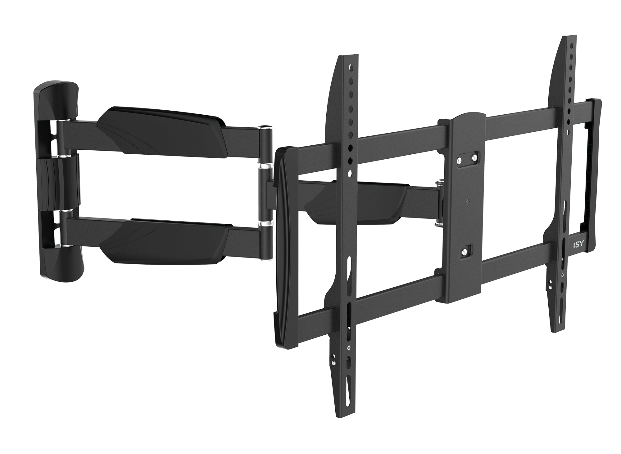 Eine schwarze TV-Halterung, die angepasst werden kann. Sie ist an der Wand befestigt.