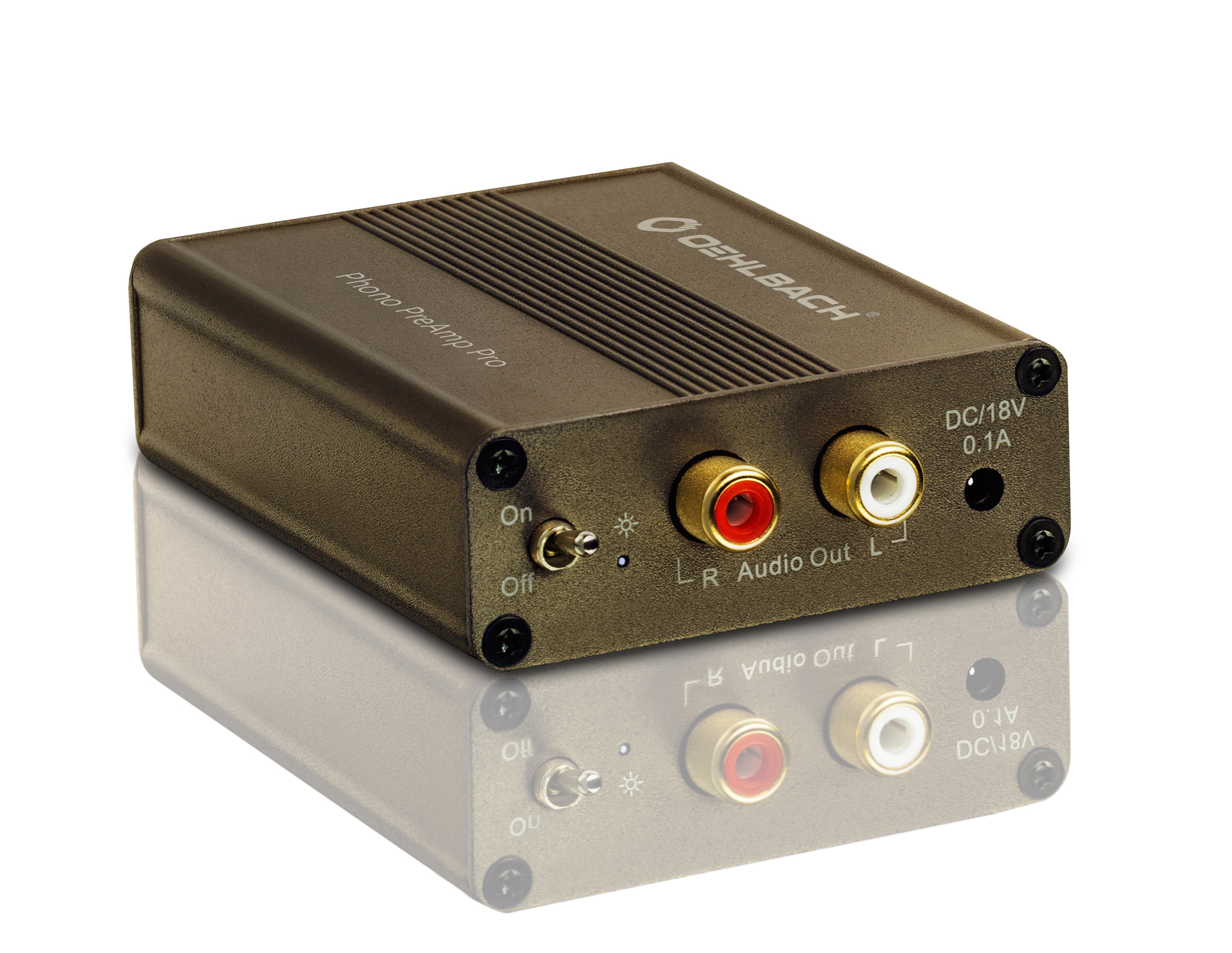 Schwarzer Phono-Vorverstärker mit roten und weißen Audio-Ein-/Ausgängen. Der Ein-/Ausschalter ist sichtbar.