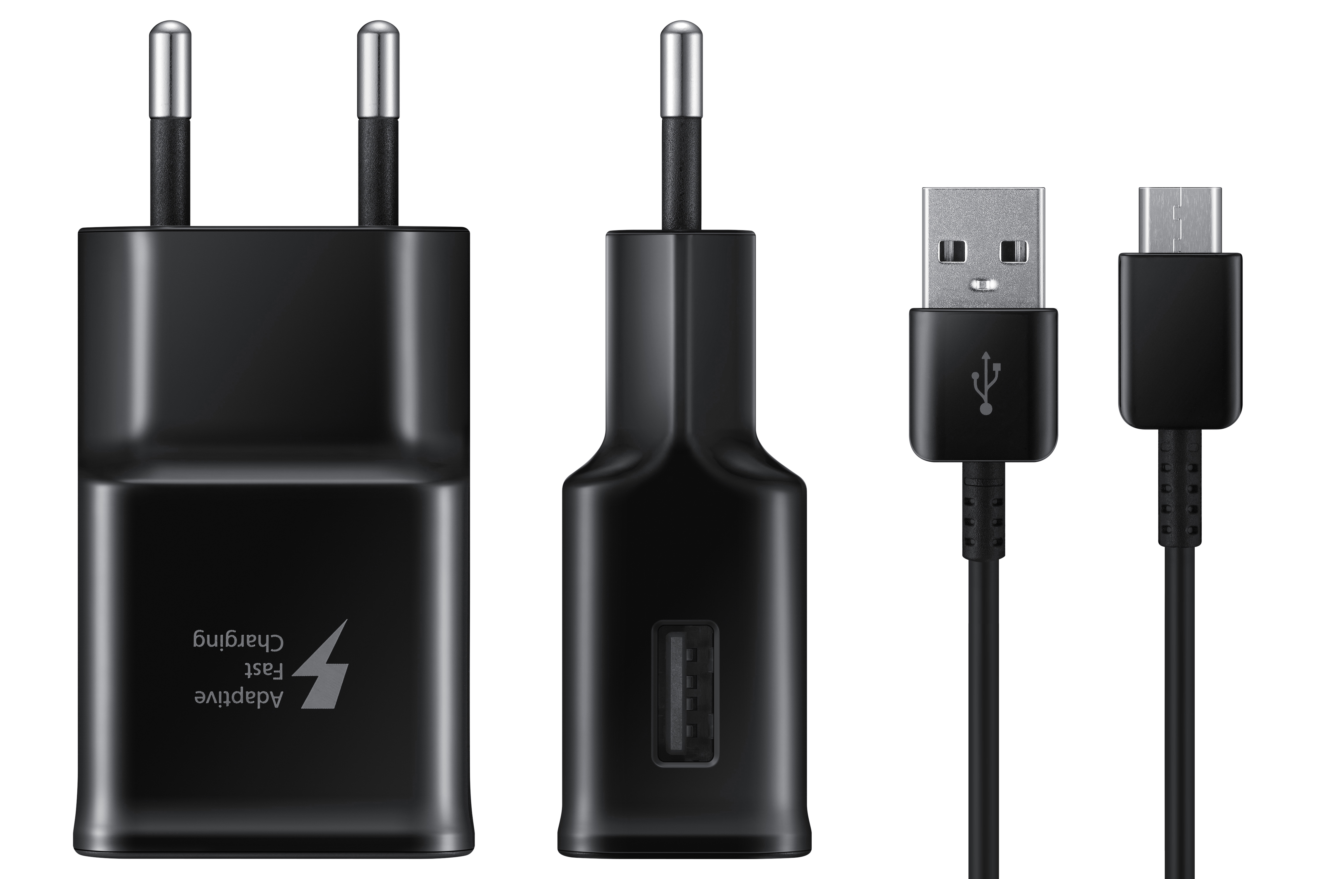 Schwarzes Samsung Ladegerät und ein USB-C-Kabel. Auf dem Ladegerät steht Adaptive Fast Charging. Weißer Hintergrund.