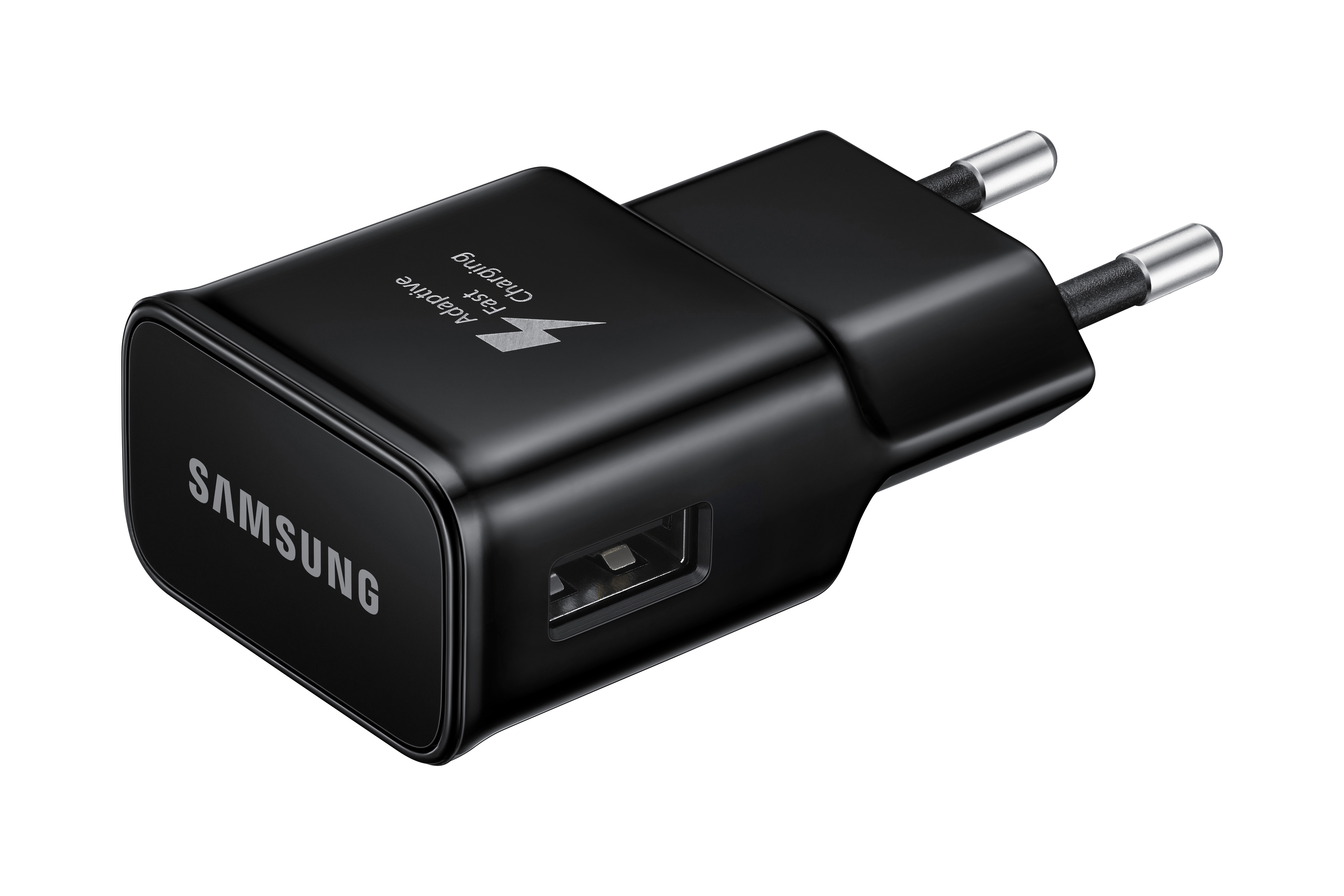Schwarzer Samsung Adaptive Fast Charging Adapter mit USB-Anschluss und zwei Stiften.