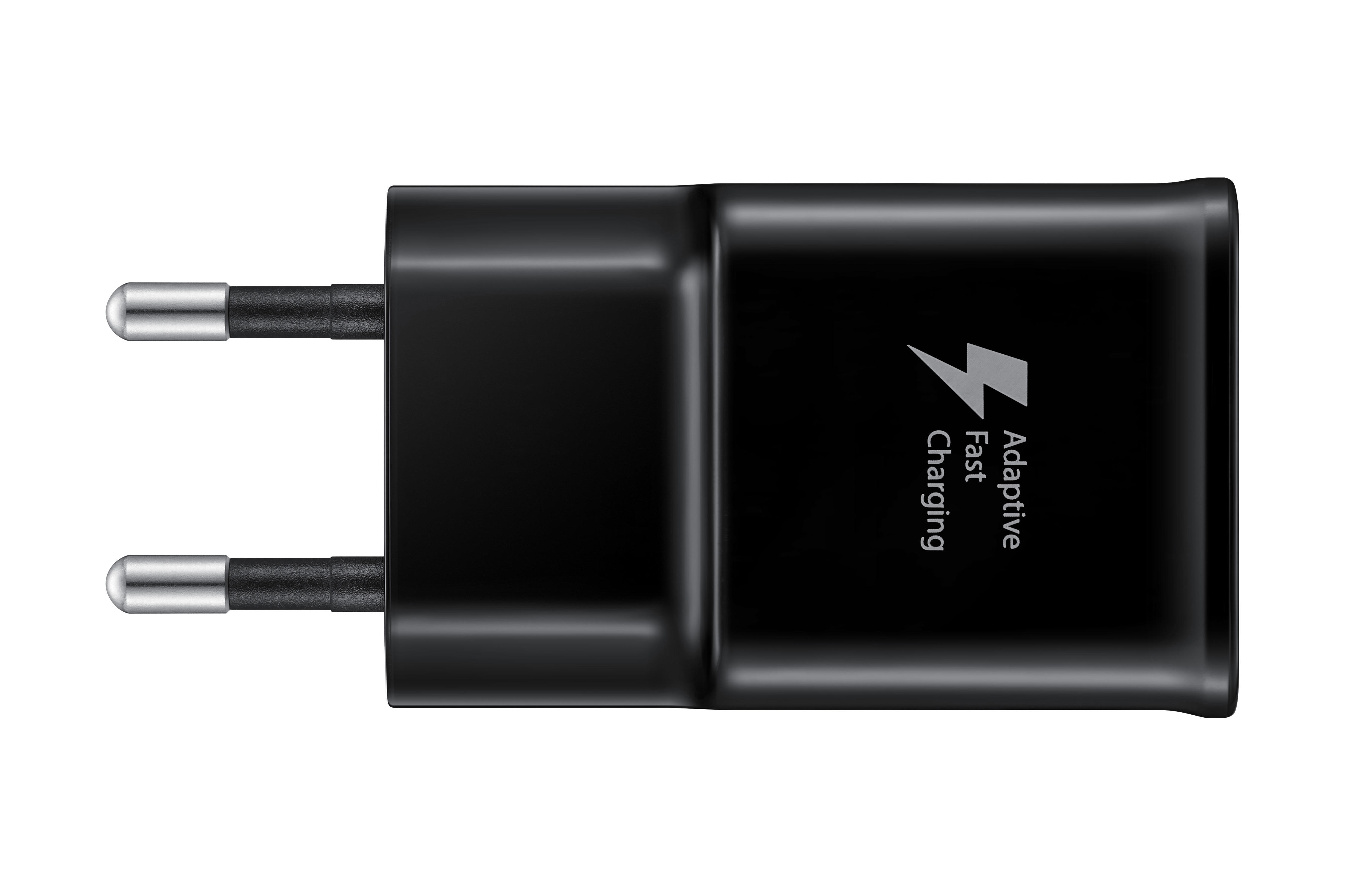 Schwarzes Telefonladegerät mit Stiften. Es hat das Logo 'Adaptive Fast Charging'.