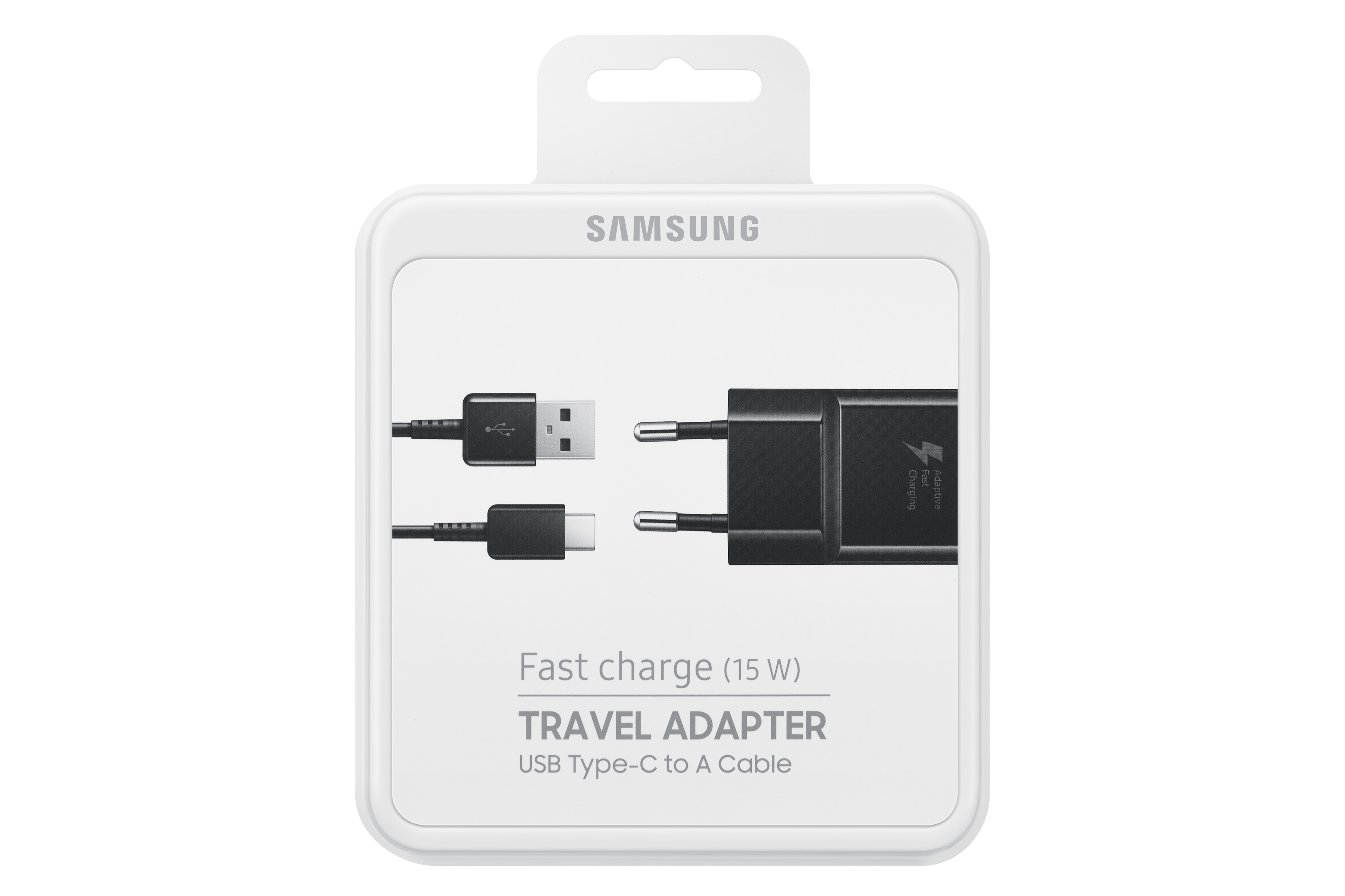 Weiße Box mit schwarzem Ladegerät und Kabel. Text sagt 'Travel Adapter' und 'Samsung'.