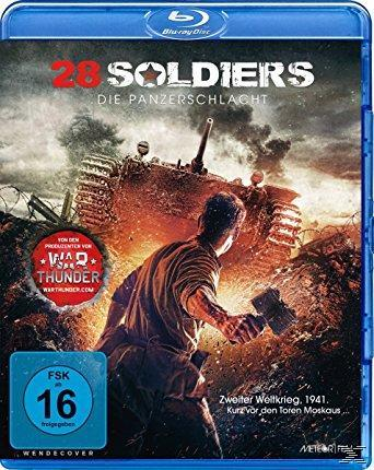 Blu-ray-Cover. Panzer und Soldat in einer Kriegsszene. Titel '28 Soldiers'.