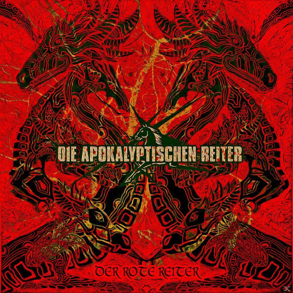 Cover-Art für „Die Apokalyptischen Reiter“ mit sich wiederholenden pferdeartigen Figuren und rotem Hintergrund.